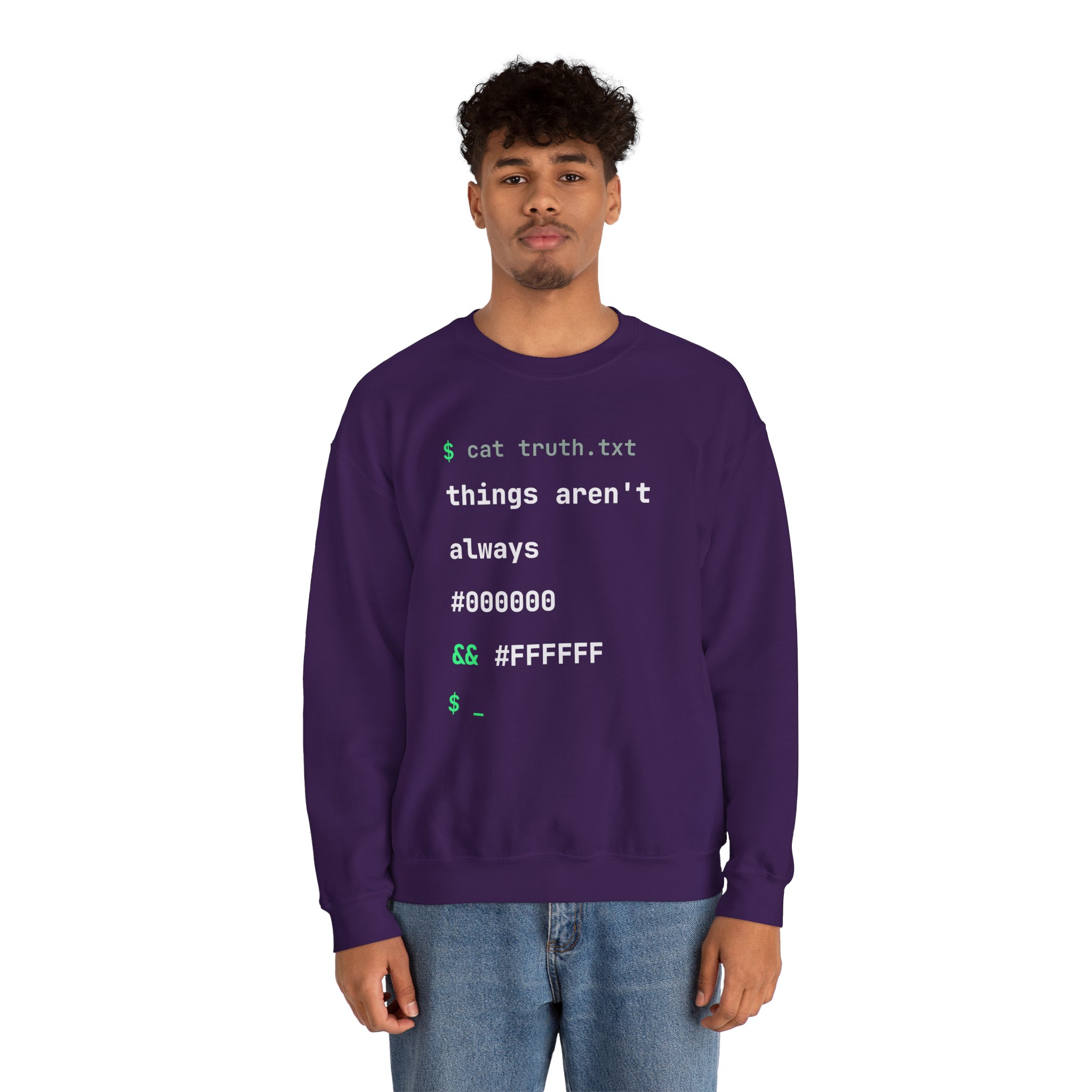 cat truth.txt crewneck sweatshirt in Purple, worn by a model, second view