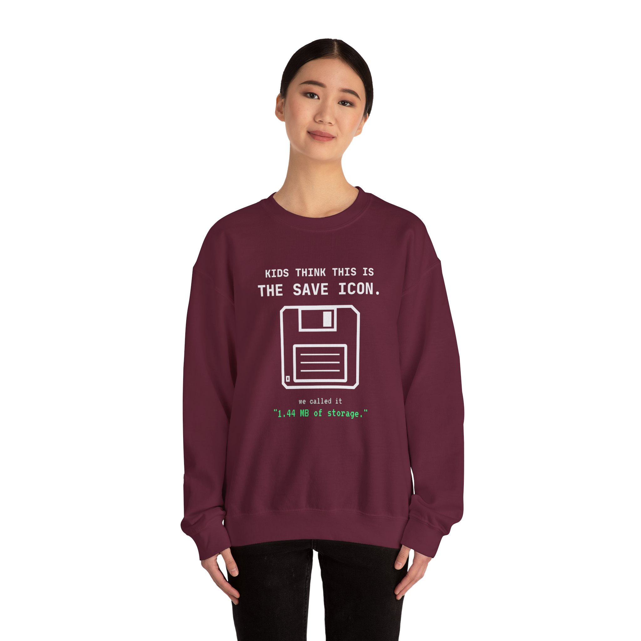 The Original Save Icon crewneck sweatshirt in Maroon, worn by a model