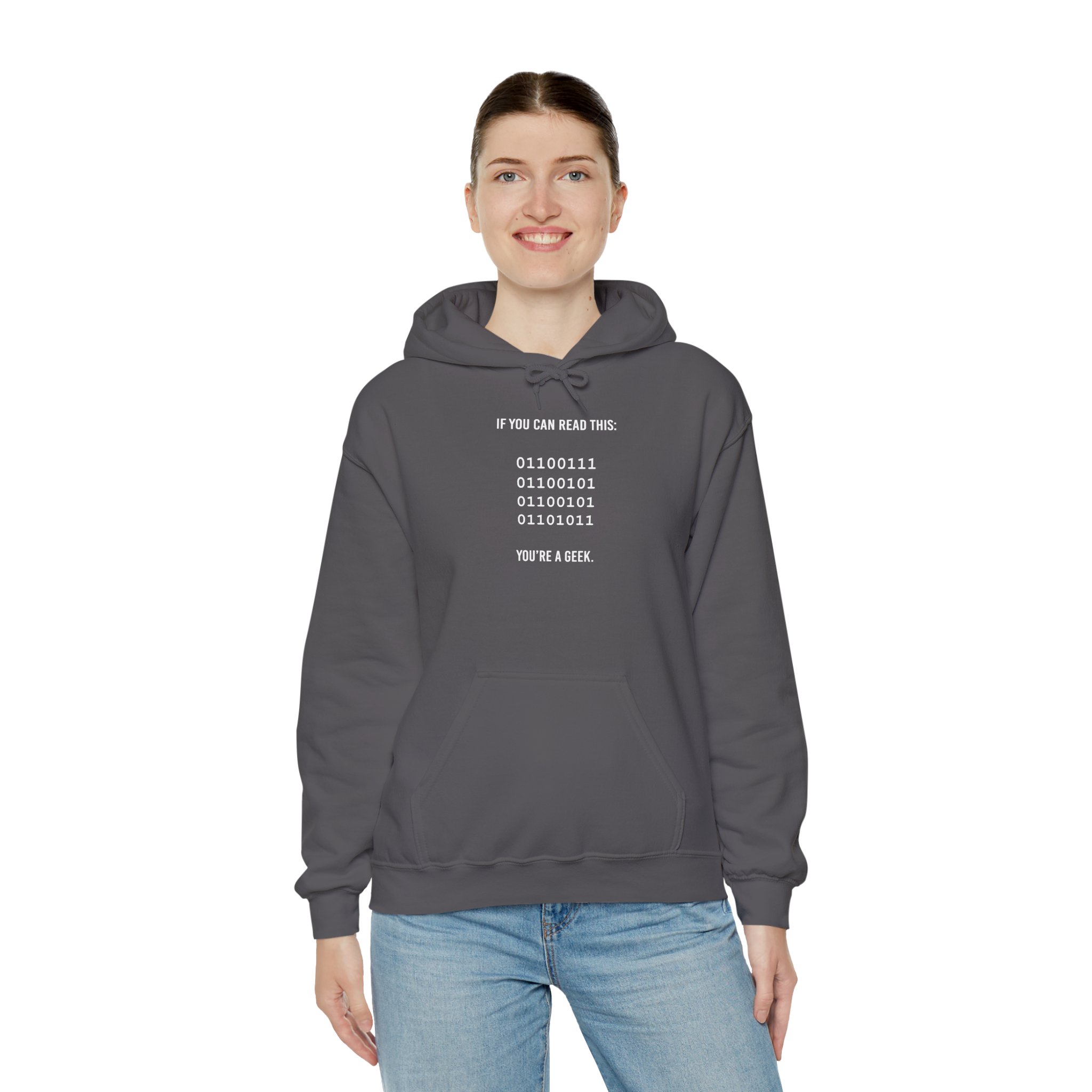 Geek Binary Code hoodie in Charcoal, worn by a model, third view