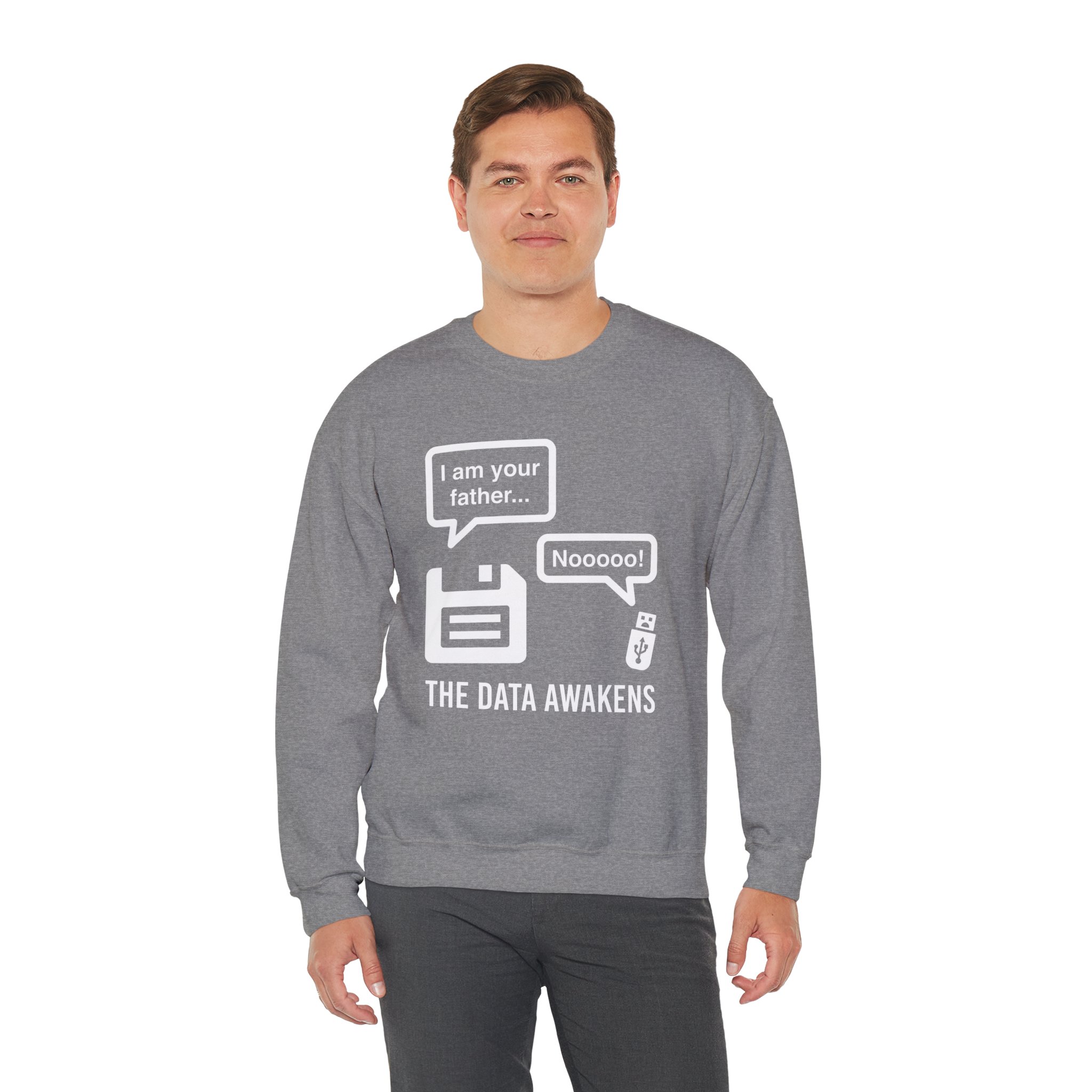 The Data Awakens crewneck sweatshirt in Graphite Heather, worn by a model, third view