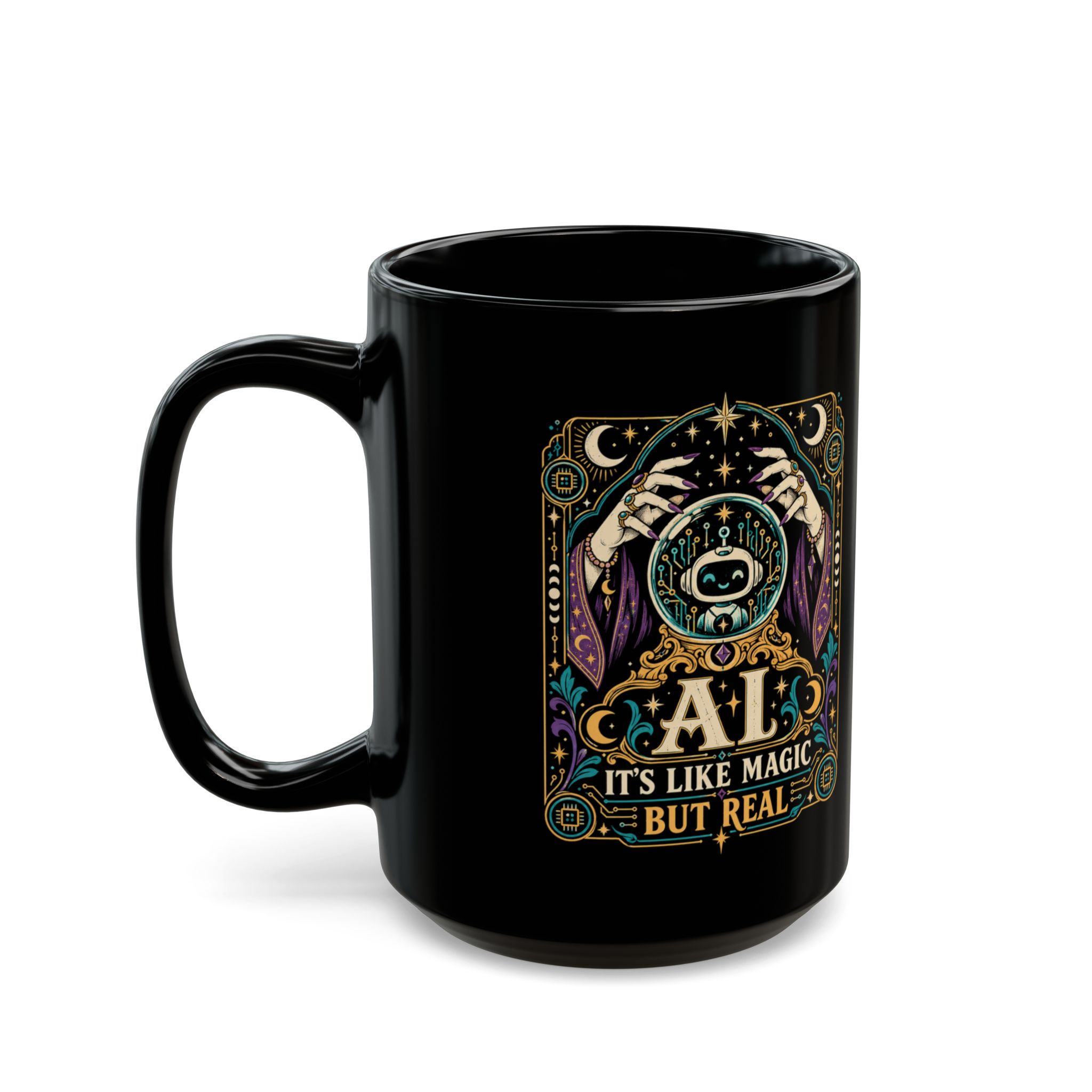 AI Magic Crystal Ball black mug, 15 oz, left side