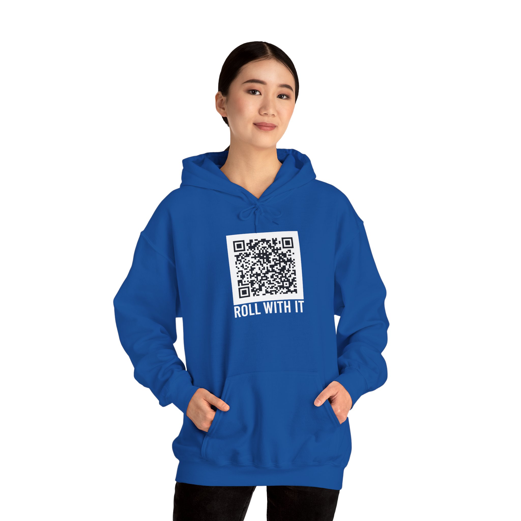 Roll With It QR Code hoodie in Royal, worn by a model