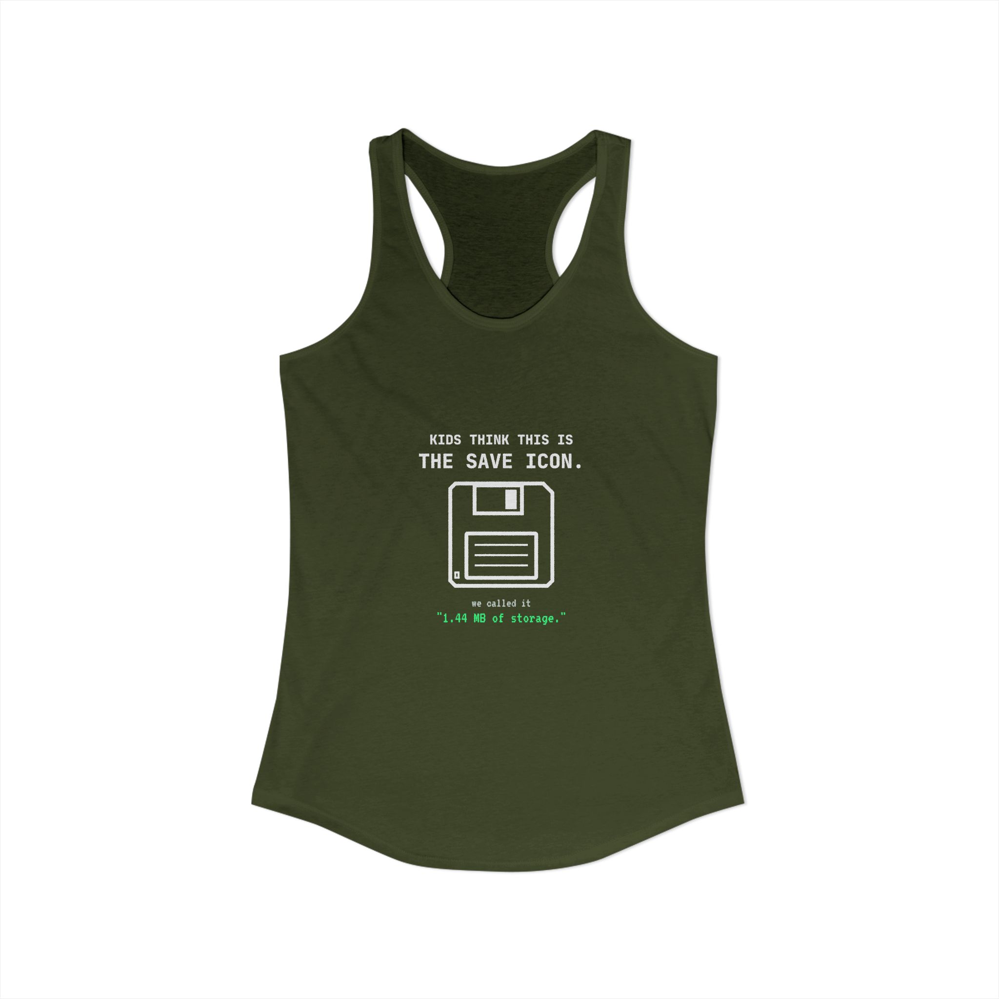The Original Save Icon women's racerback tank in Solid Military Green, front view