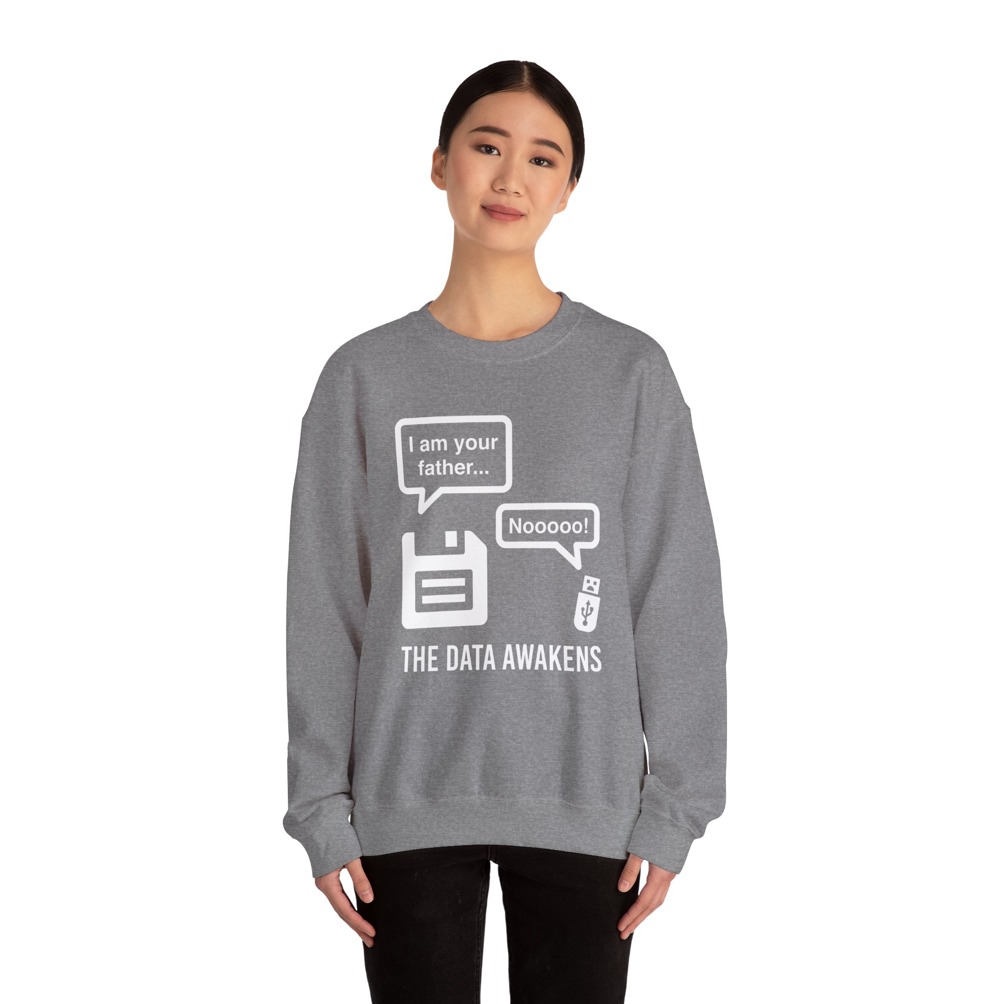 The Data Awakens crewneck sweatshirt in Graphite Heather, worn by a model