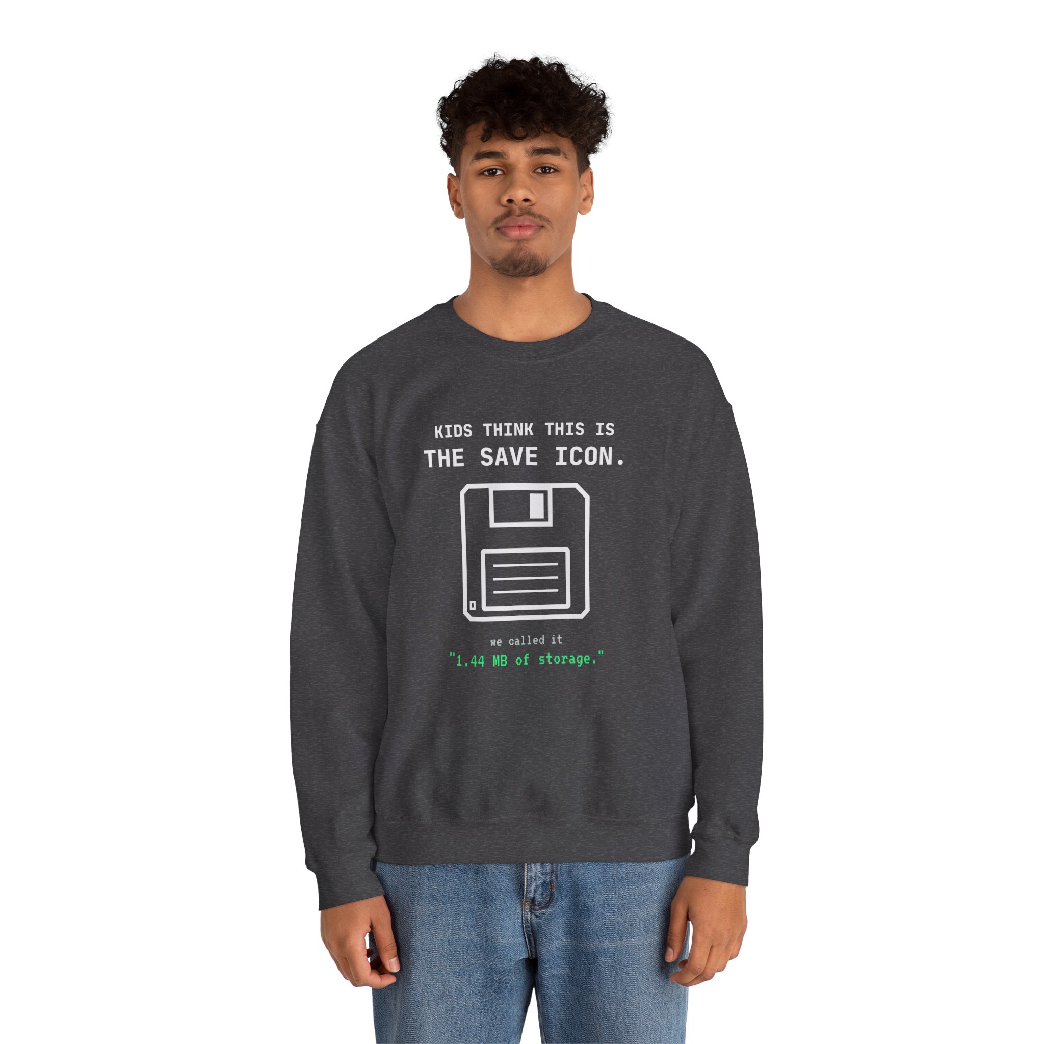 The Original Save Icon crewneck sweatshirt in Dark Heather, worn by a model, second view