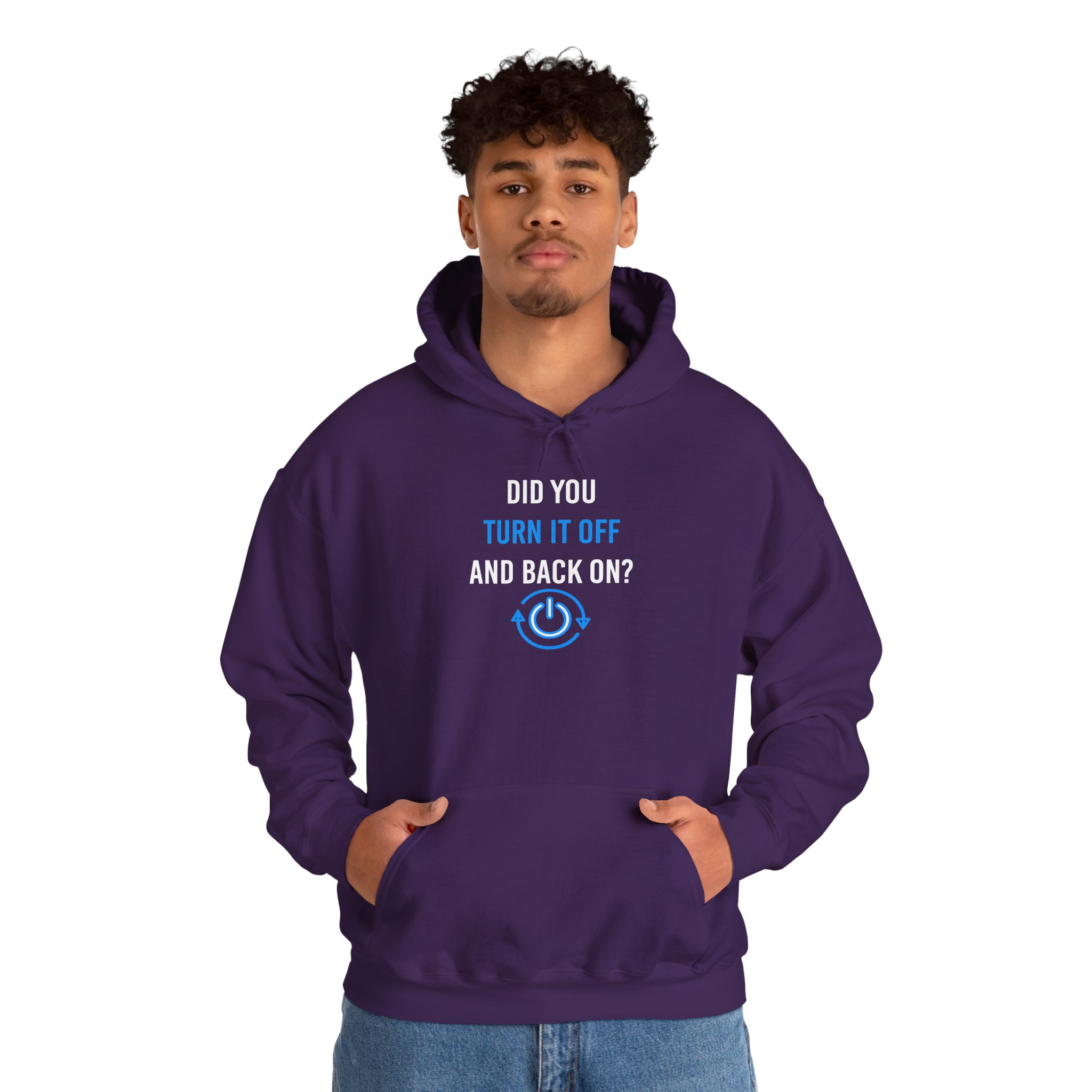 Did You Turn It Off and Back On? hoodie in Purple, worn by a model, second view