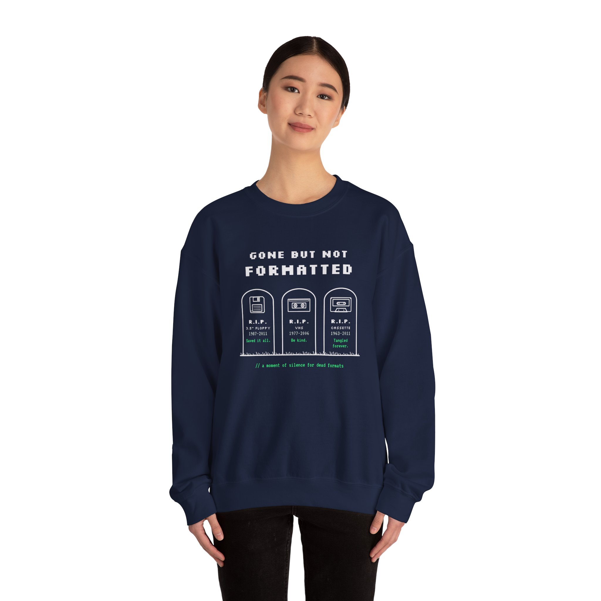 Gone But Not Formatted crewneck sweatshirt in Navy, worn by a model