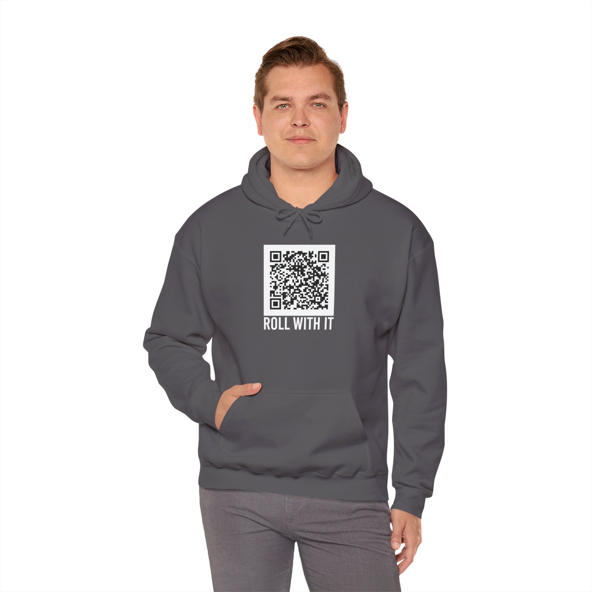 Roll With It QR Code hoodie in Charcoal, worn by a model, fourth view