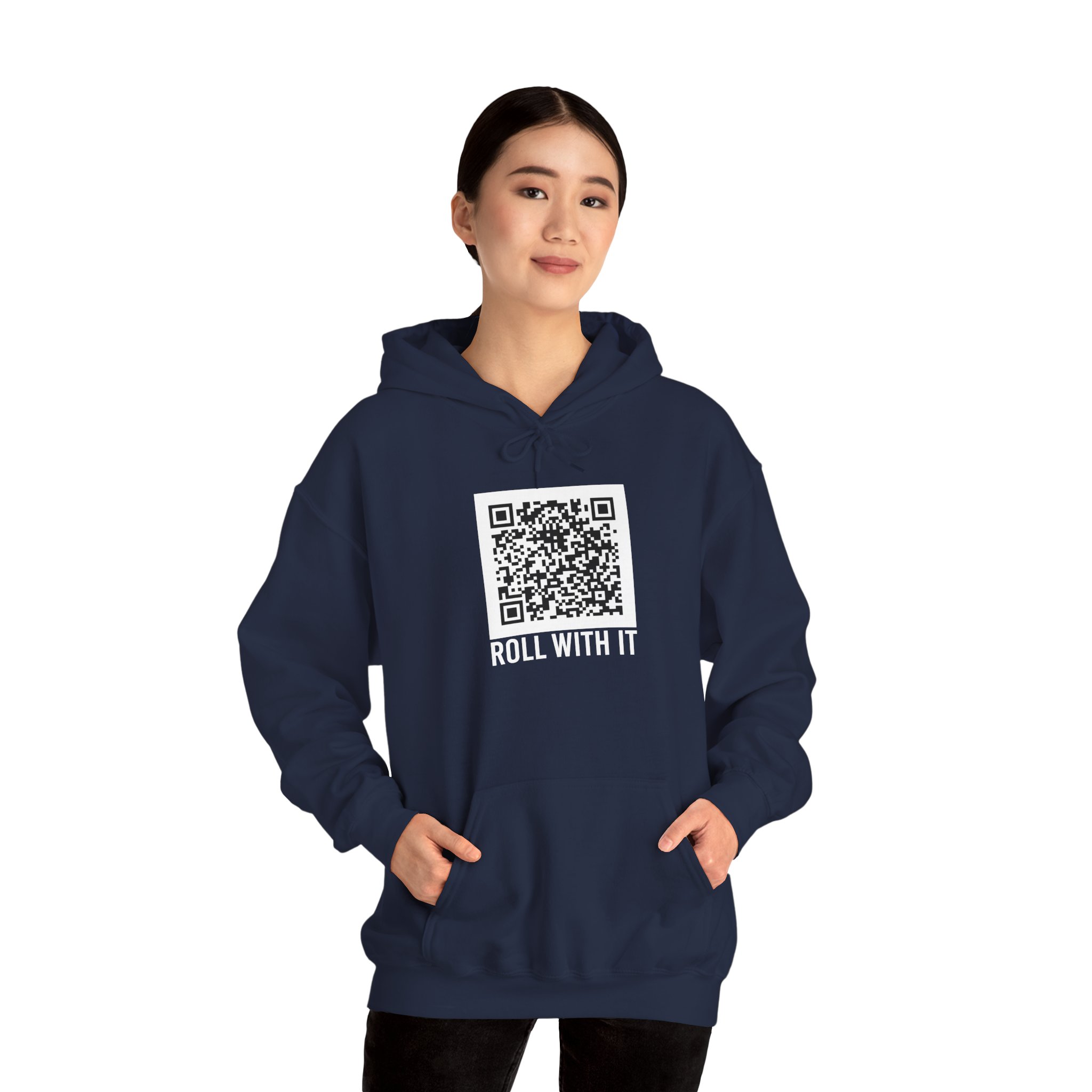 Roll With It QR Code hoodie in Navy, worn by a model