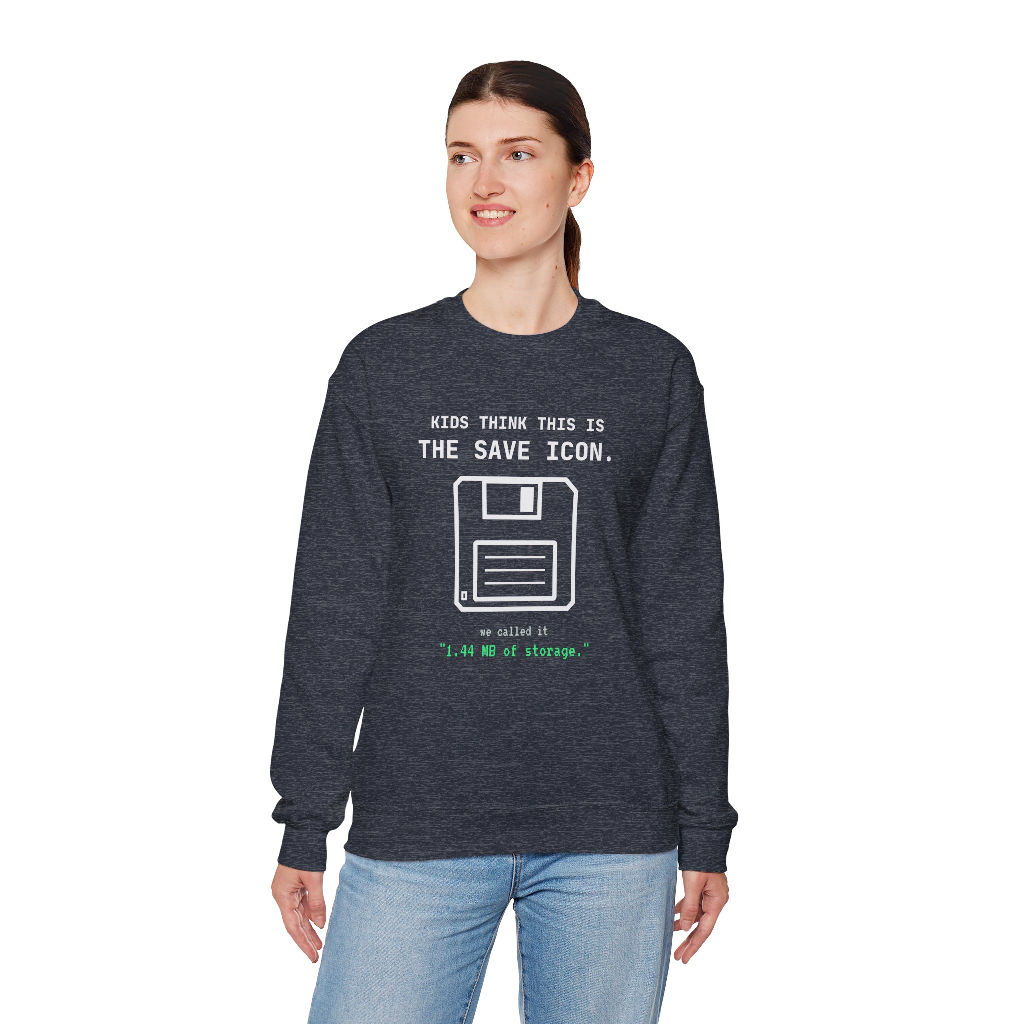The Original Save Icon crewneck sweatshirt in Heather Sport Dark Navy, worn by a model, fourth view