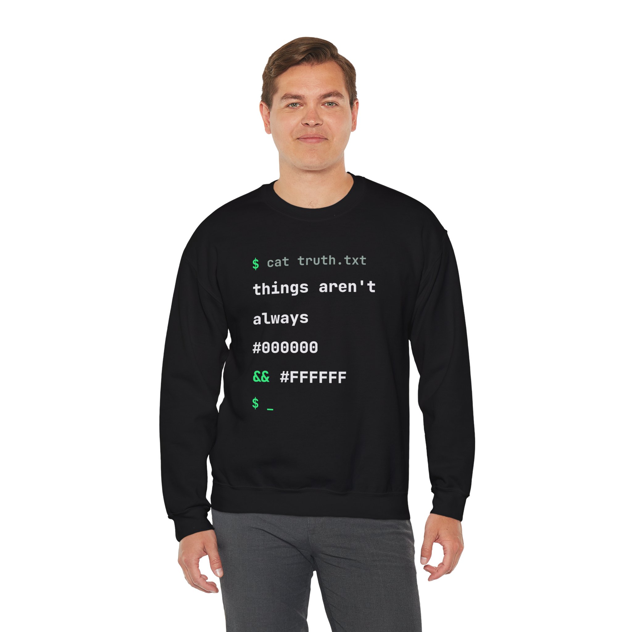 cat truth.txt crewneck sweatshirt in Black, worn by a model, third view