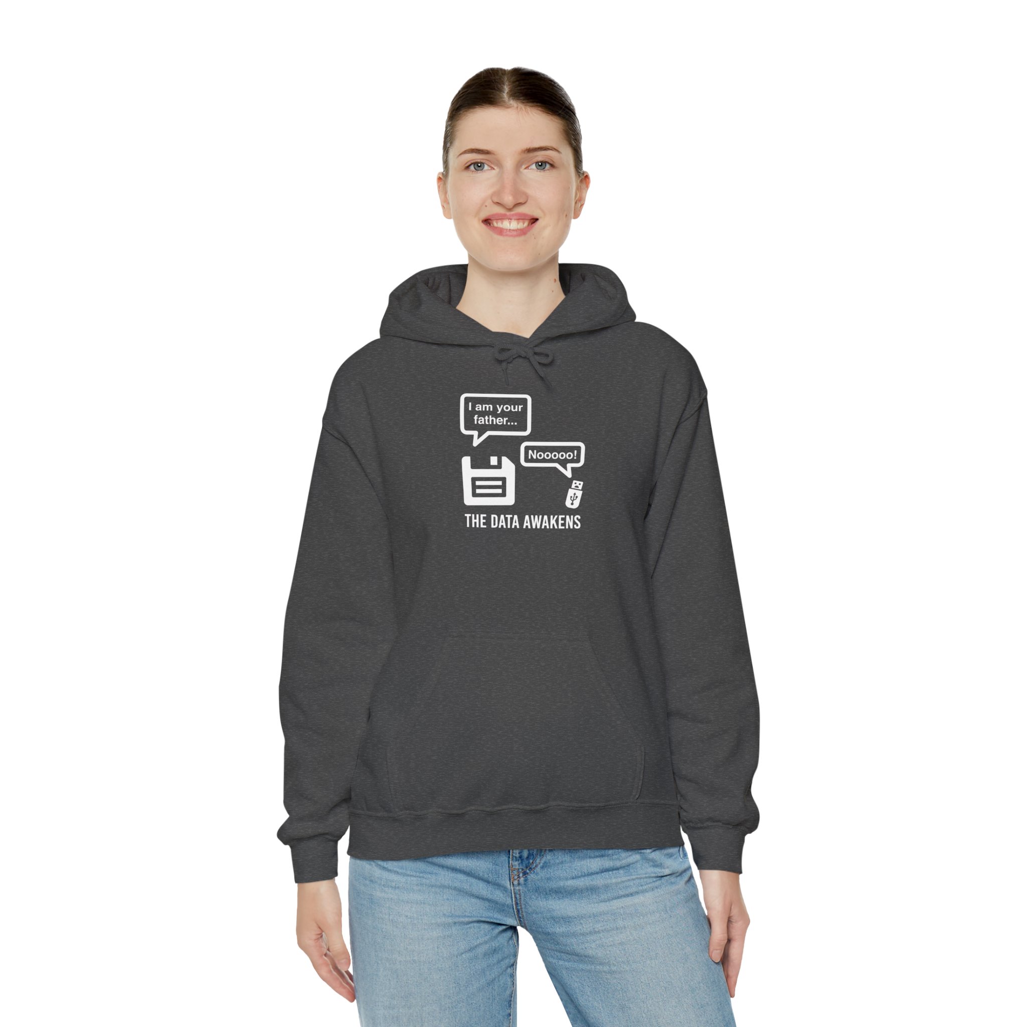 The Data Awakens hoodie in Dark Heather, worn by a model, third view