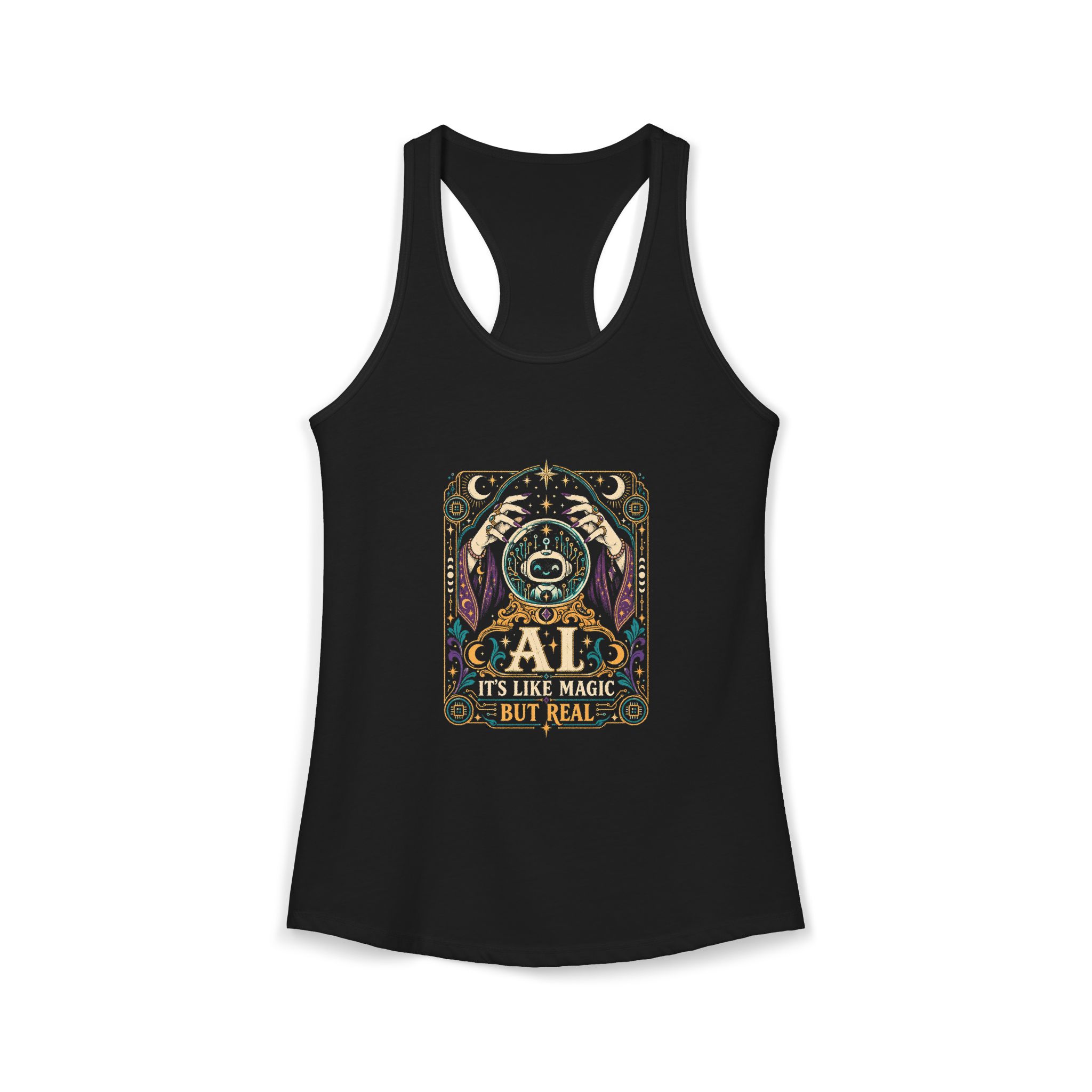 AI Magic Crystal Ball women's racerback tank in Solid Black, front 2