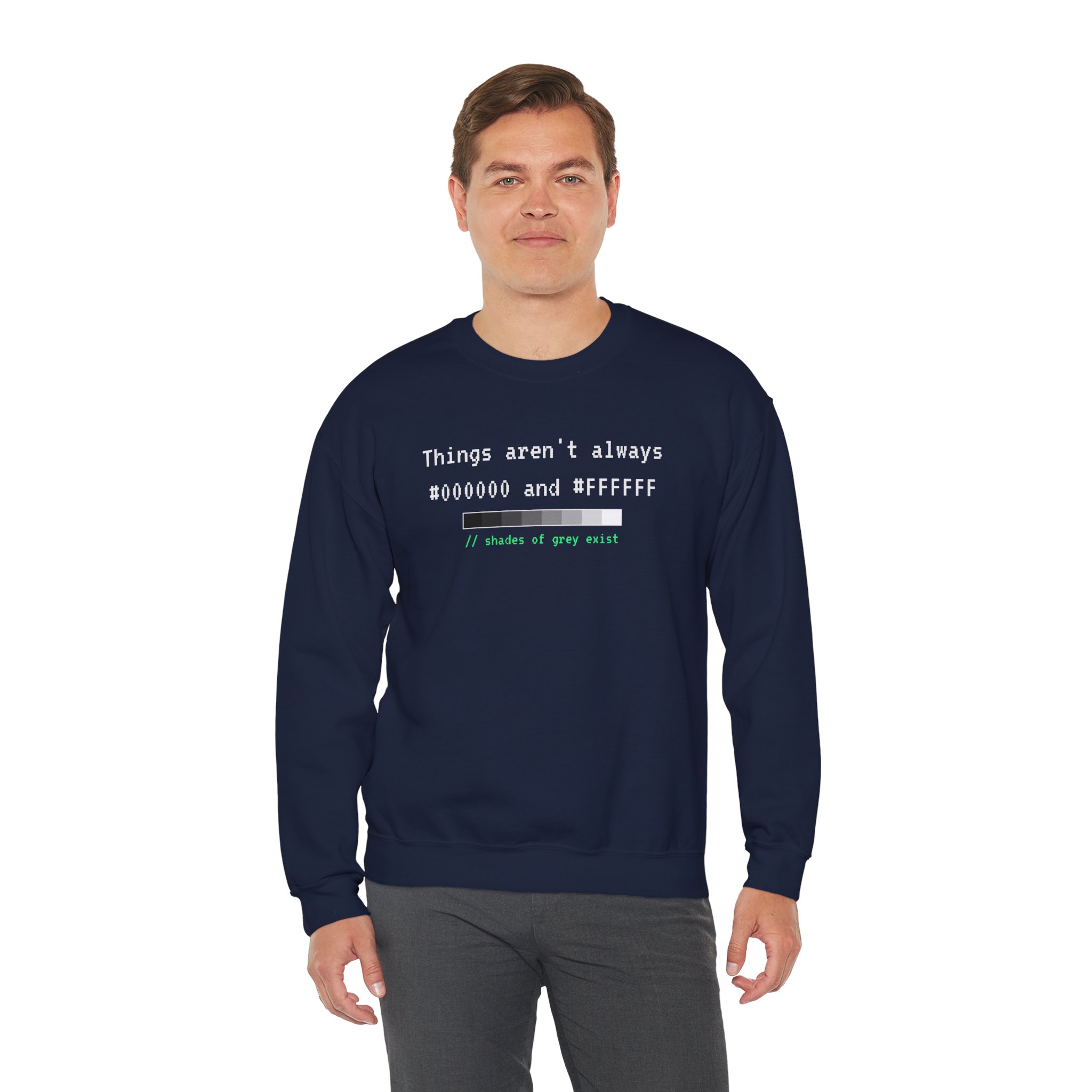 Shades of Grey Exist crewneck sweatshirt in Navy, worn by a model, third view