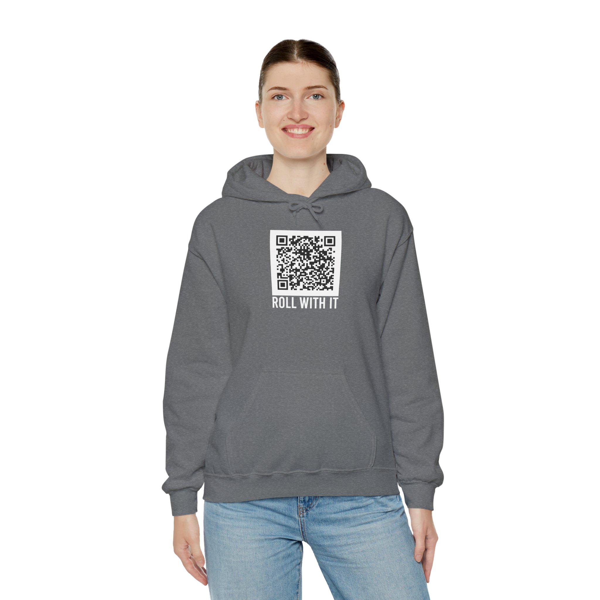 Roll With It QR Code hoodie in Graphite Heather, worn by a model, third view