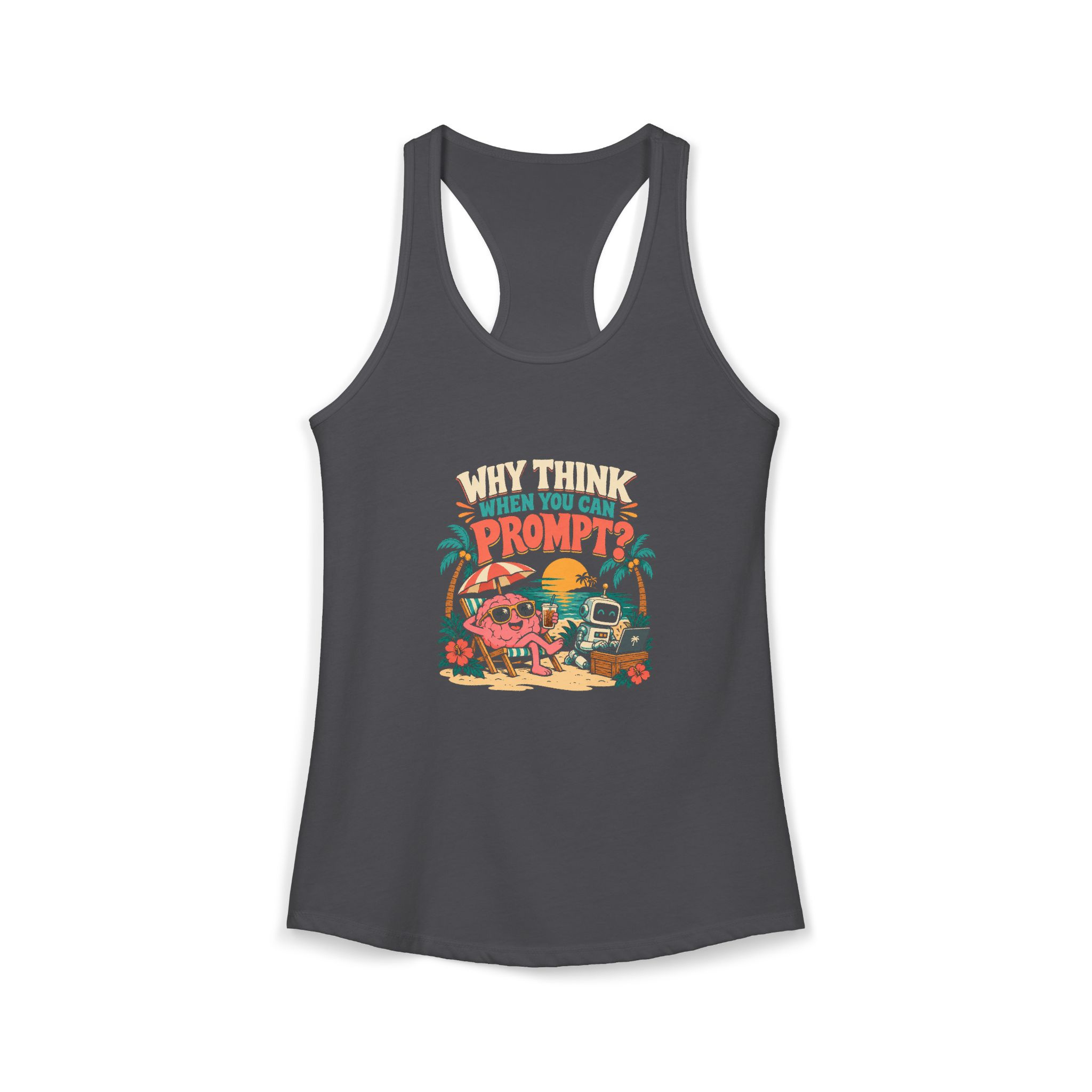 Prompt Beach Brain women's racerback tank in Solid Dark Gray, front 2
