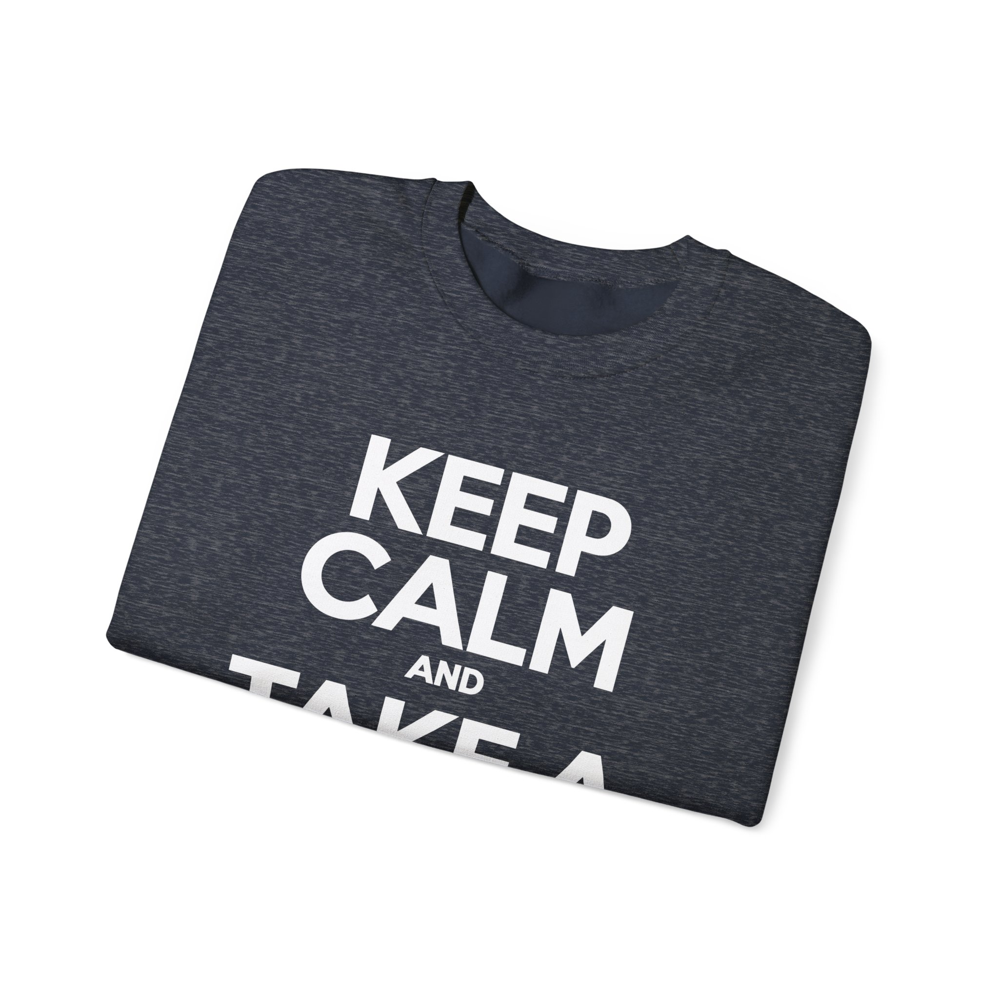 Keep Calm and Take a Break crewneck sweatshirt in Heather Sport Dark Navy, folded