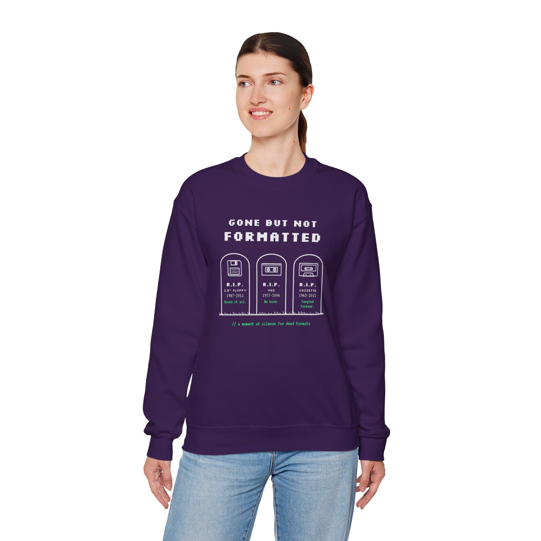 Gone But Not Formatted crewneck sweatshirt in Purple, worn by a model, fourth view