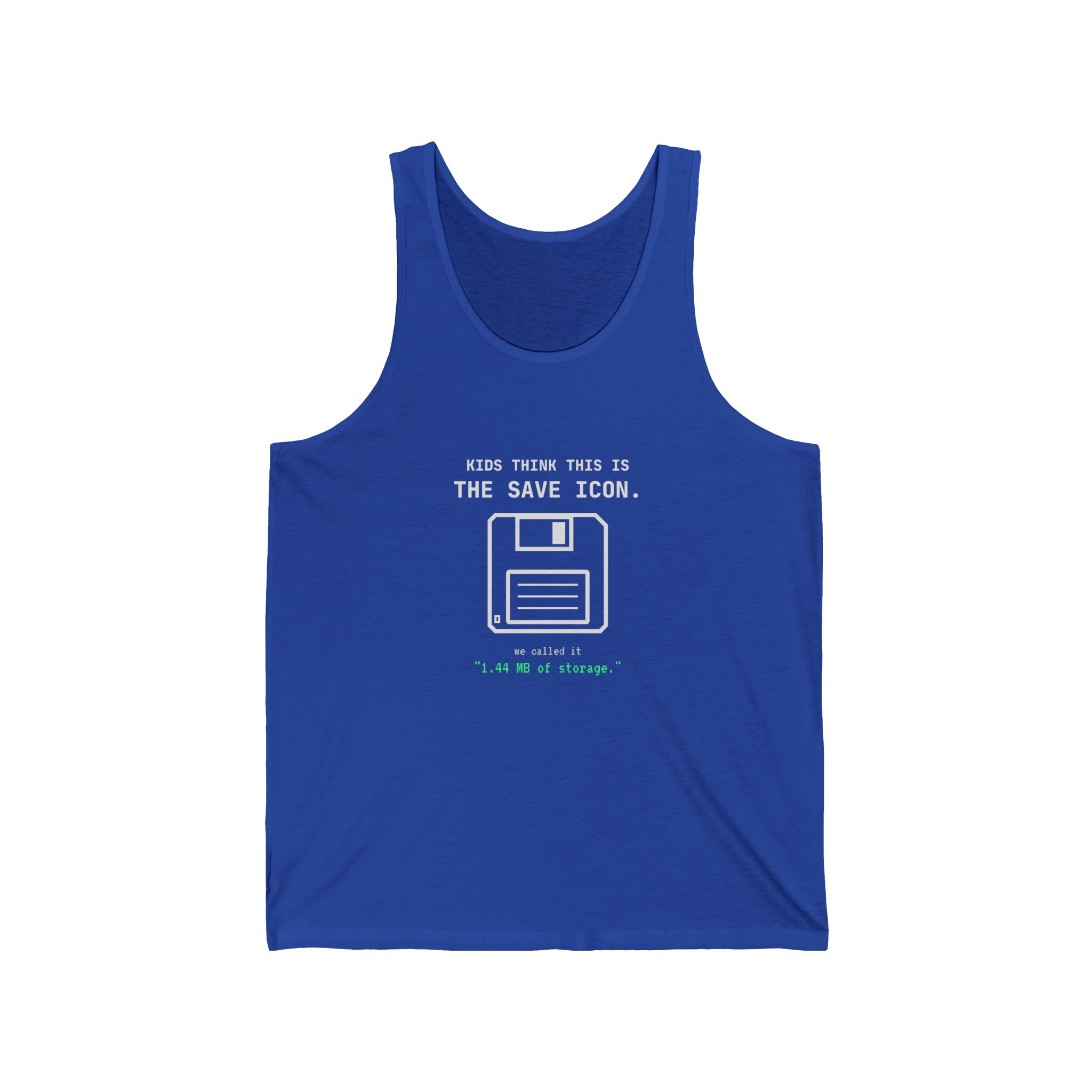 The Original Save Icon unisex tank in True Royal, front view