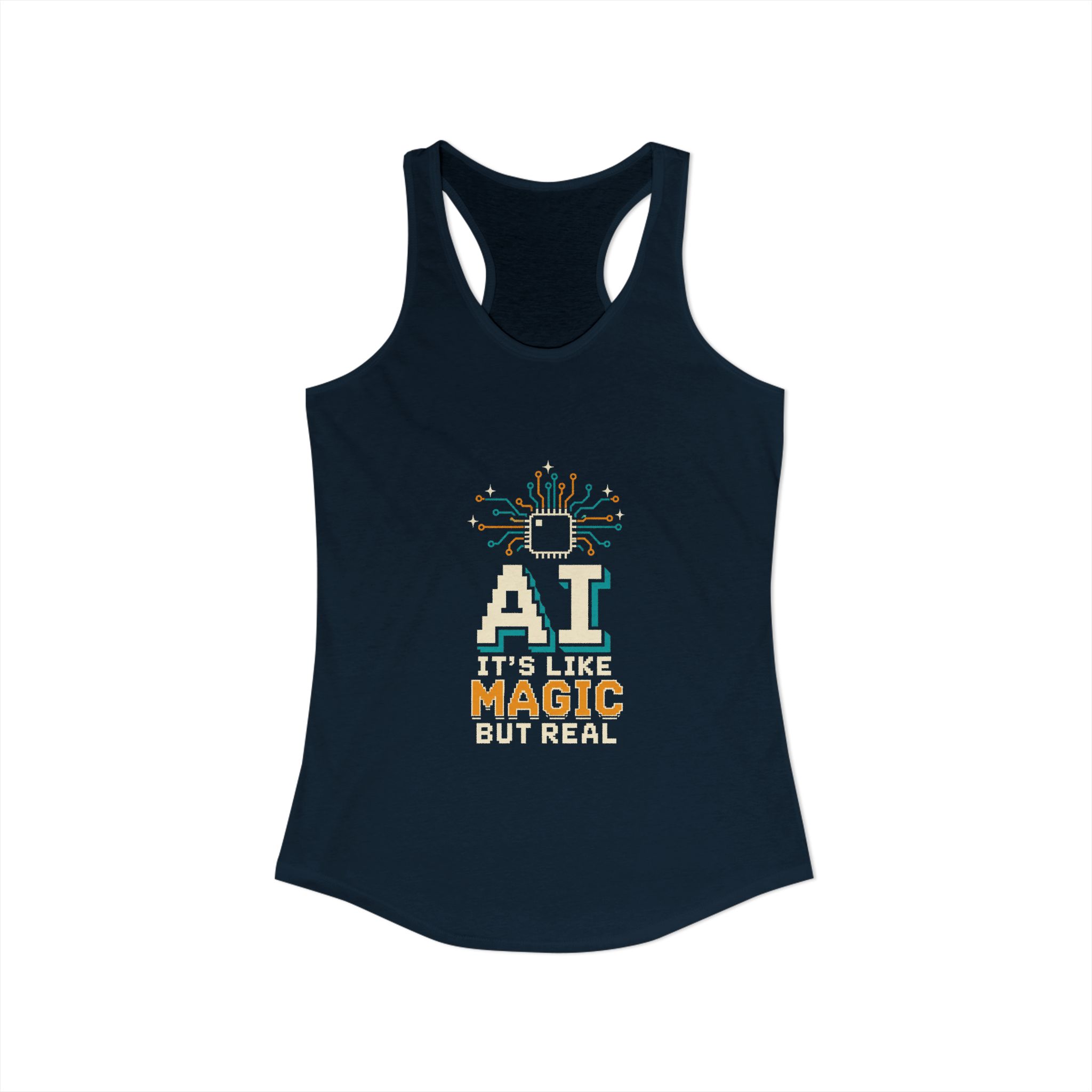 AI Magic Chip women's racerback tank in Solid Midnight Navy, front view