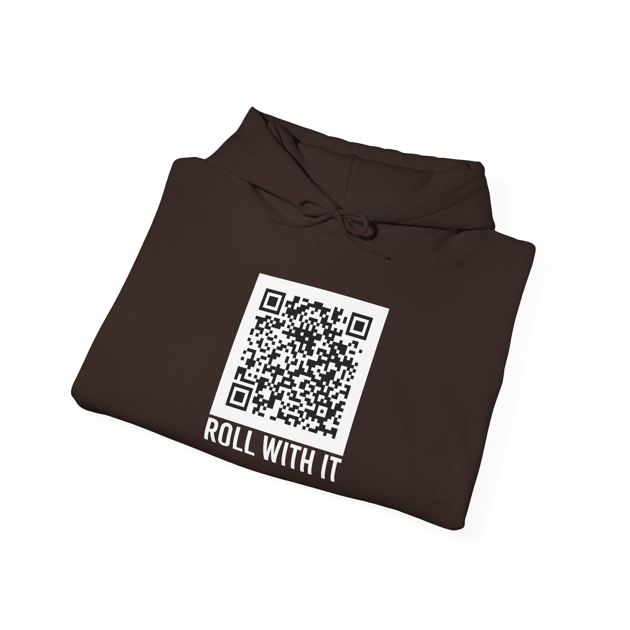 Roll With It QR Code hoodie in Dark Chocolate, folded