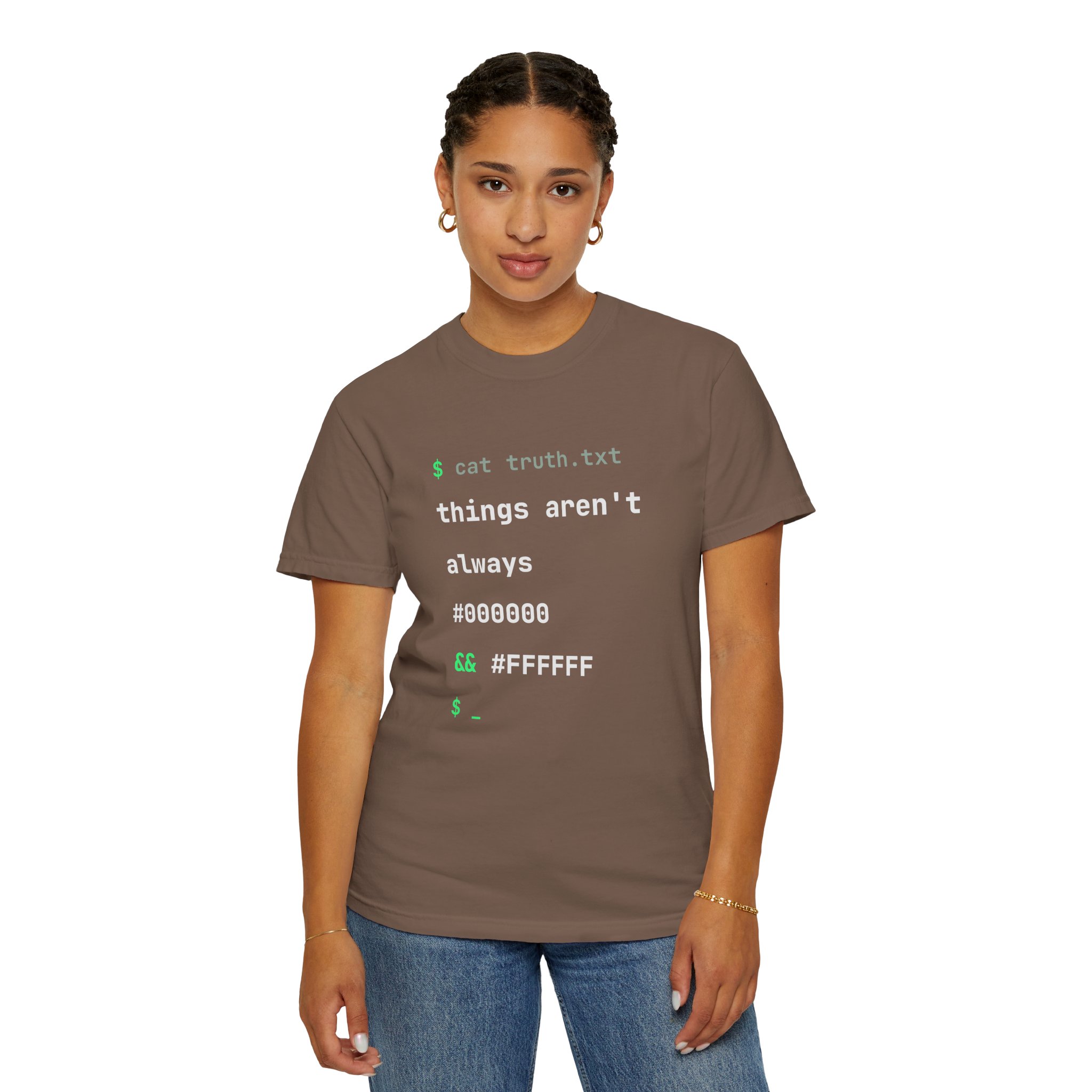 cat truth.txt T-shirt in Espresso, worn by a woman, second model