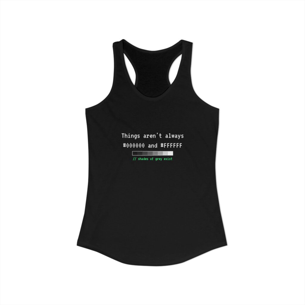 Shades of Grey Exist women's racerback tank in Solid Black, front view