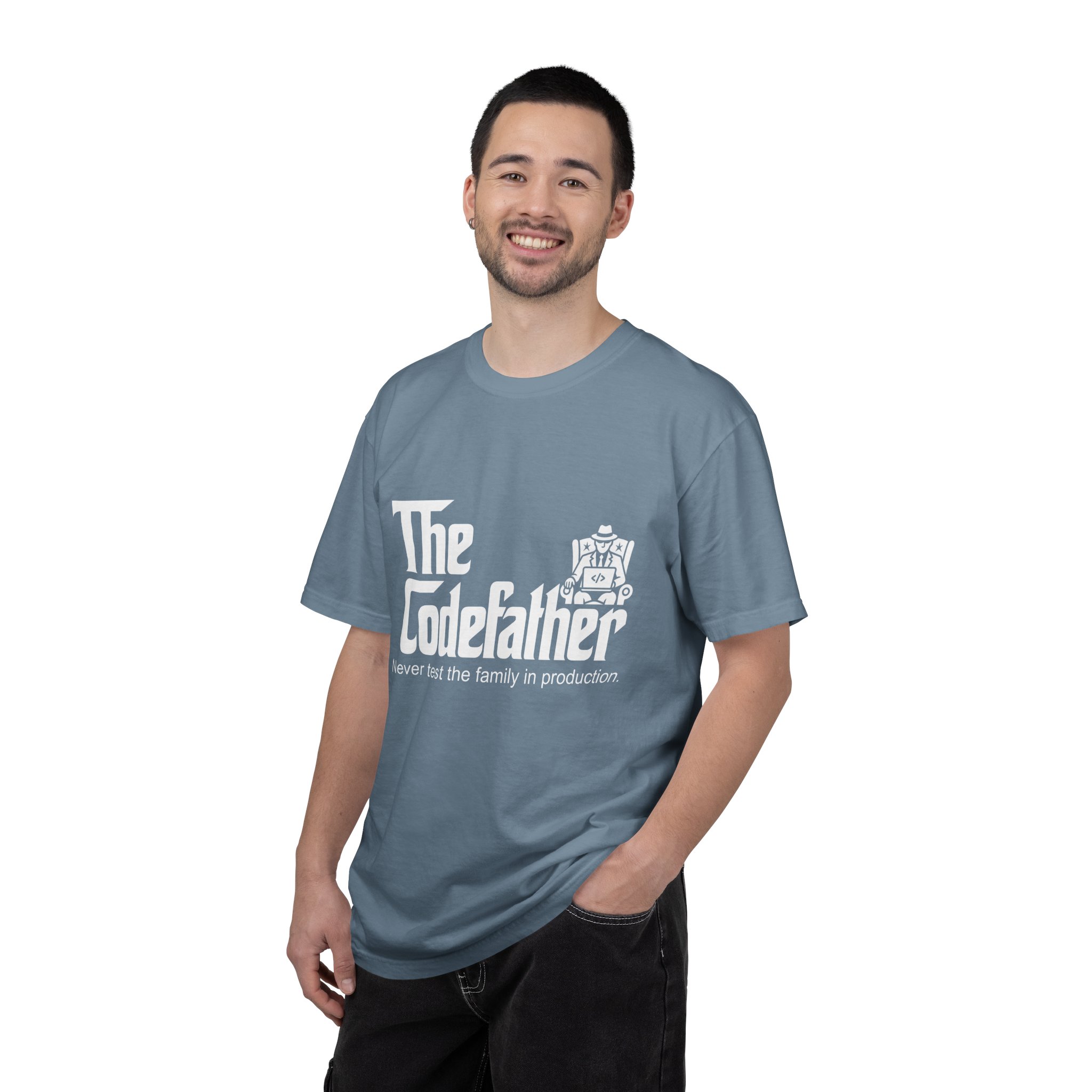 The Codefather T-shirt in Ice Blue, worn by a man