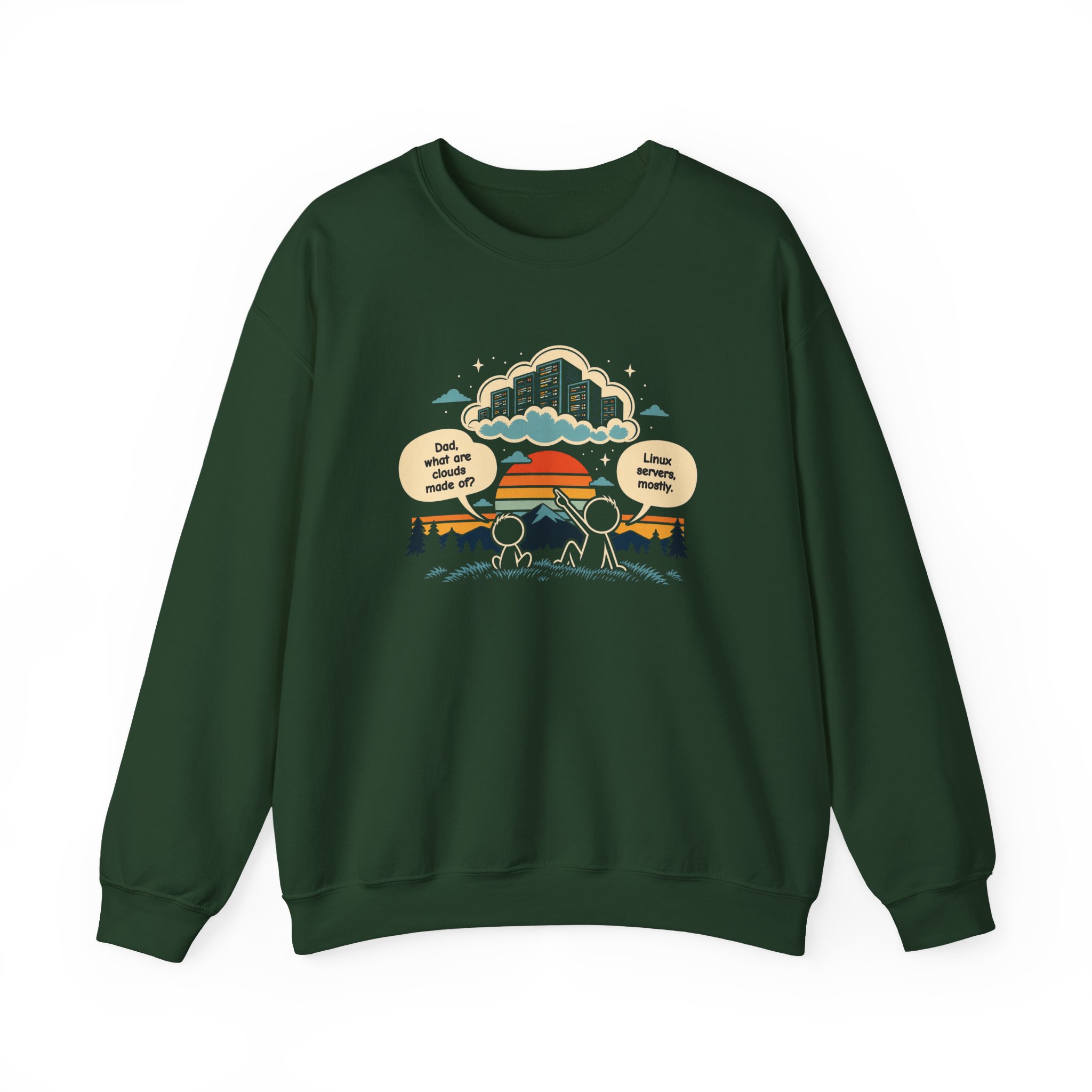 Linux Clouds crewneck sweatshirt in Forest Green, front view