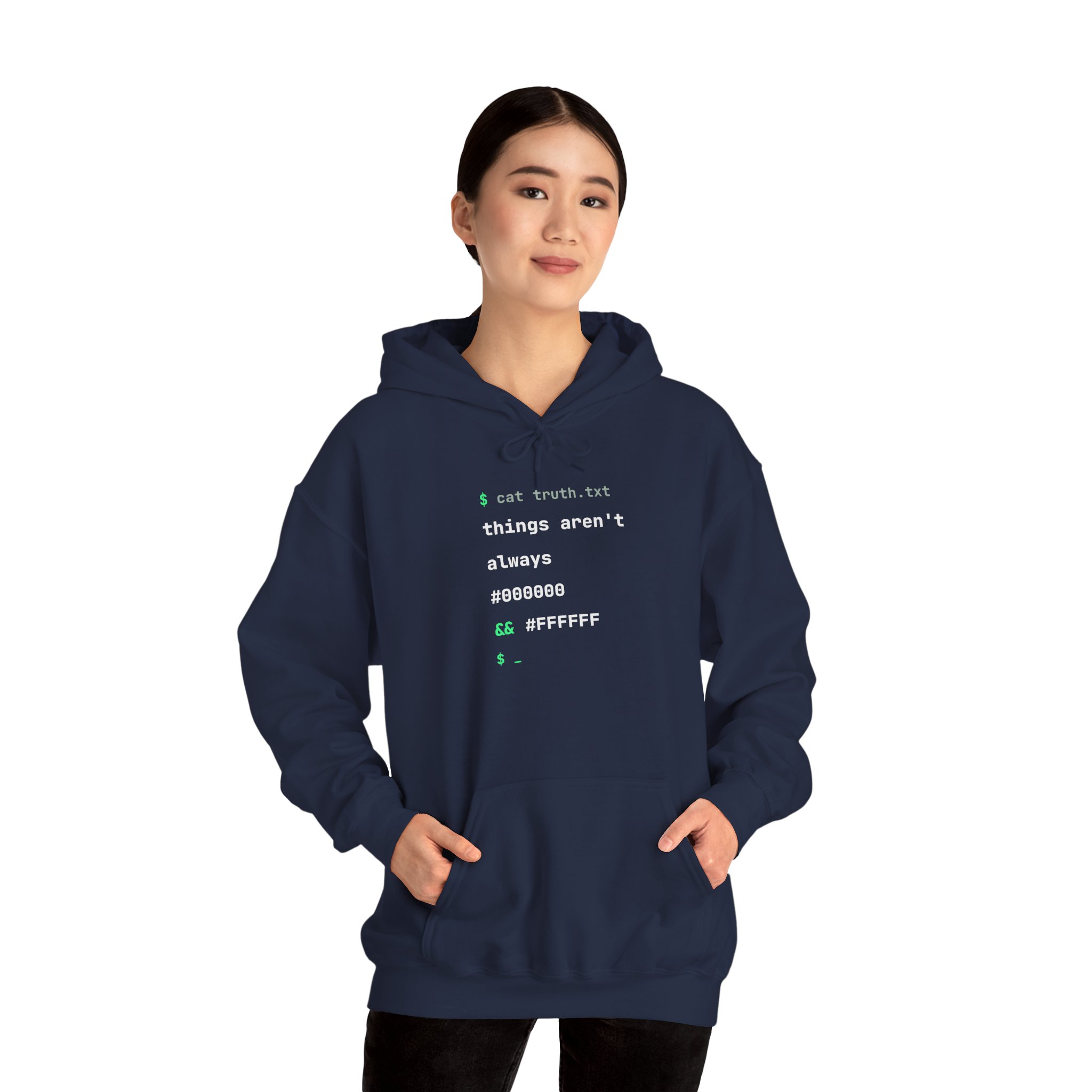 cat truth.txt hoodie in Navy, worn by a model