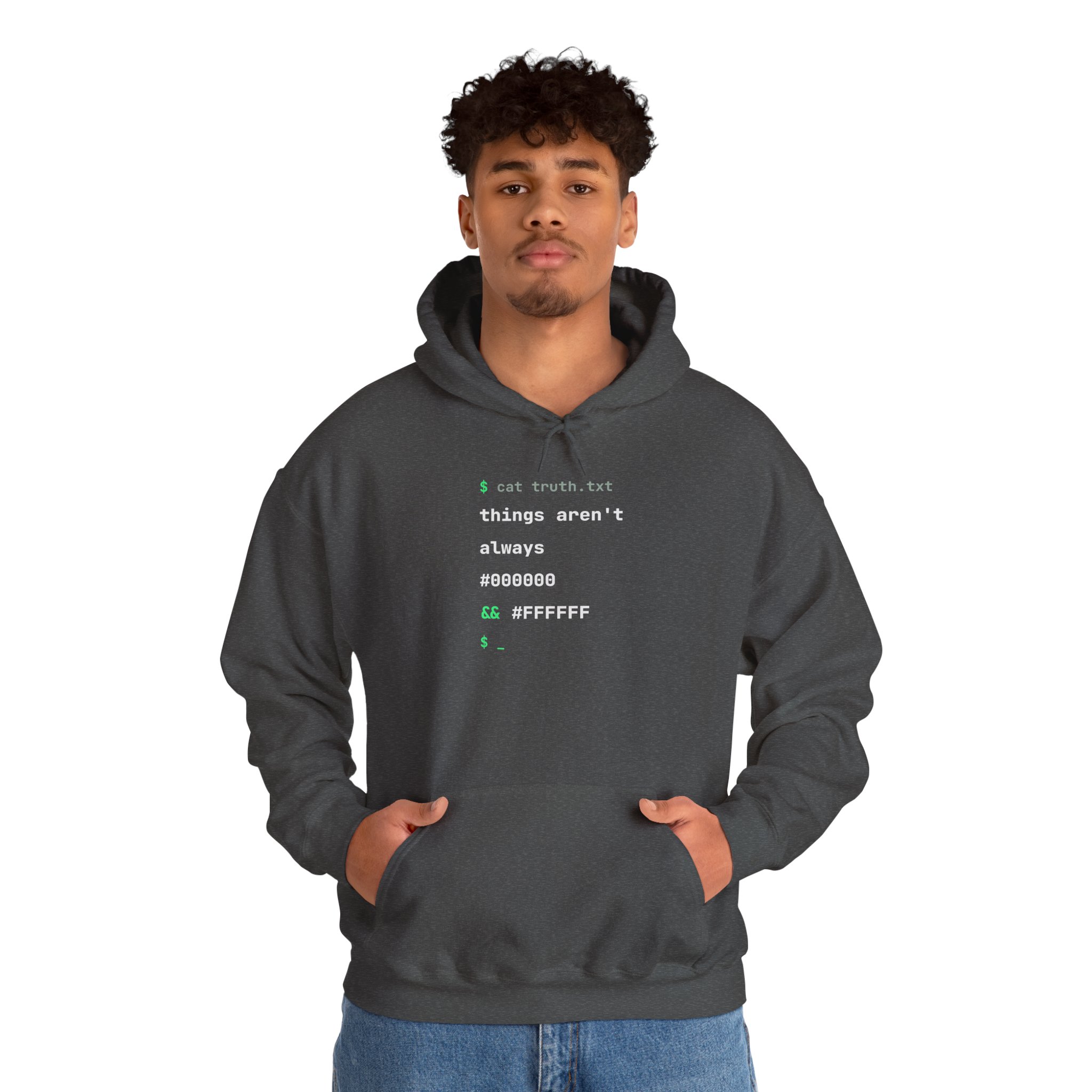 cat truth.txt hoodie in Dark Heather, worn by a model, second view