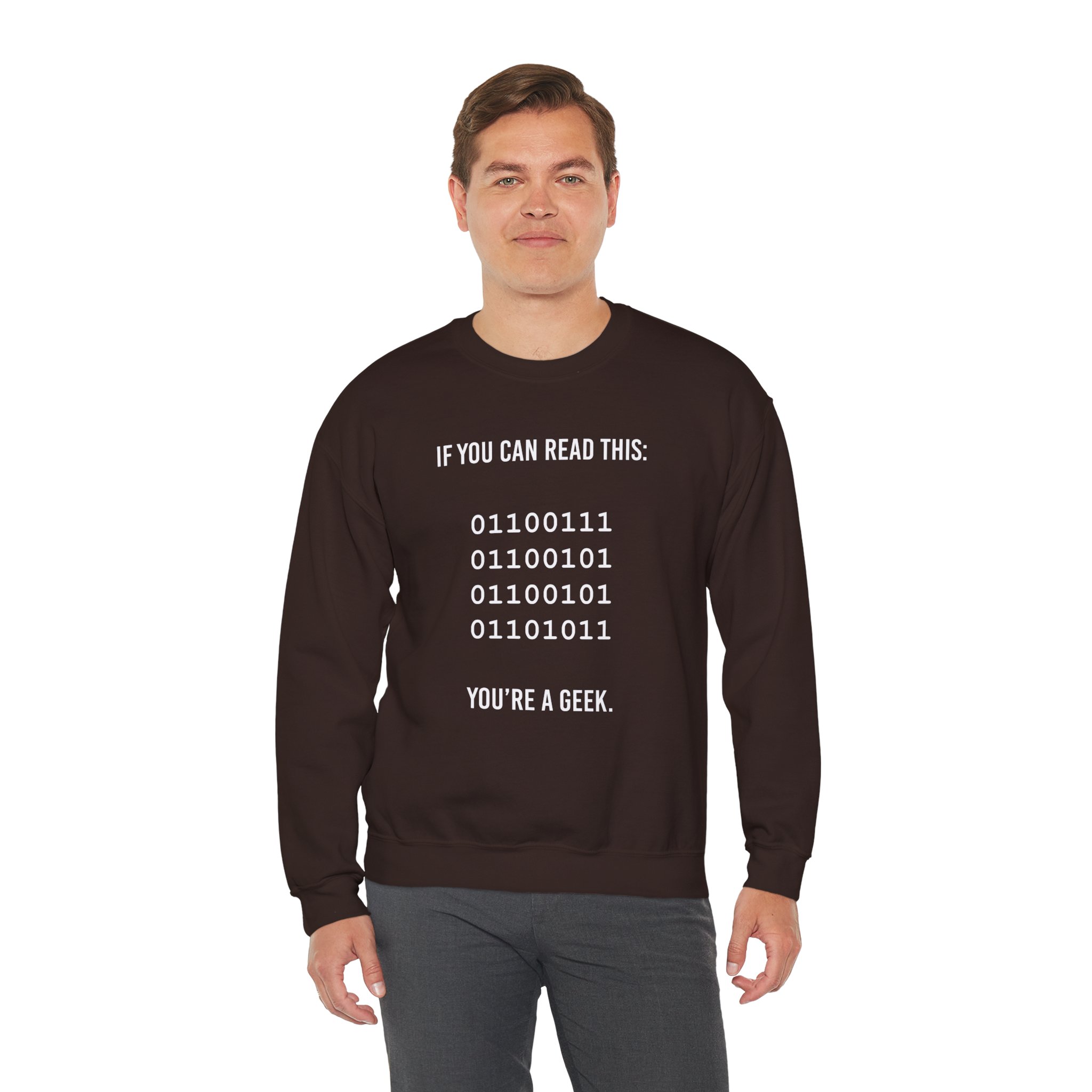 Geek Binary Code crewneck sweatshirt in Dark Chocolate, worn by a model, third view