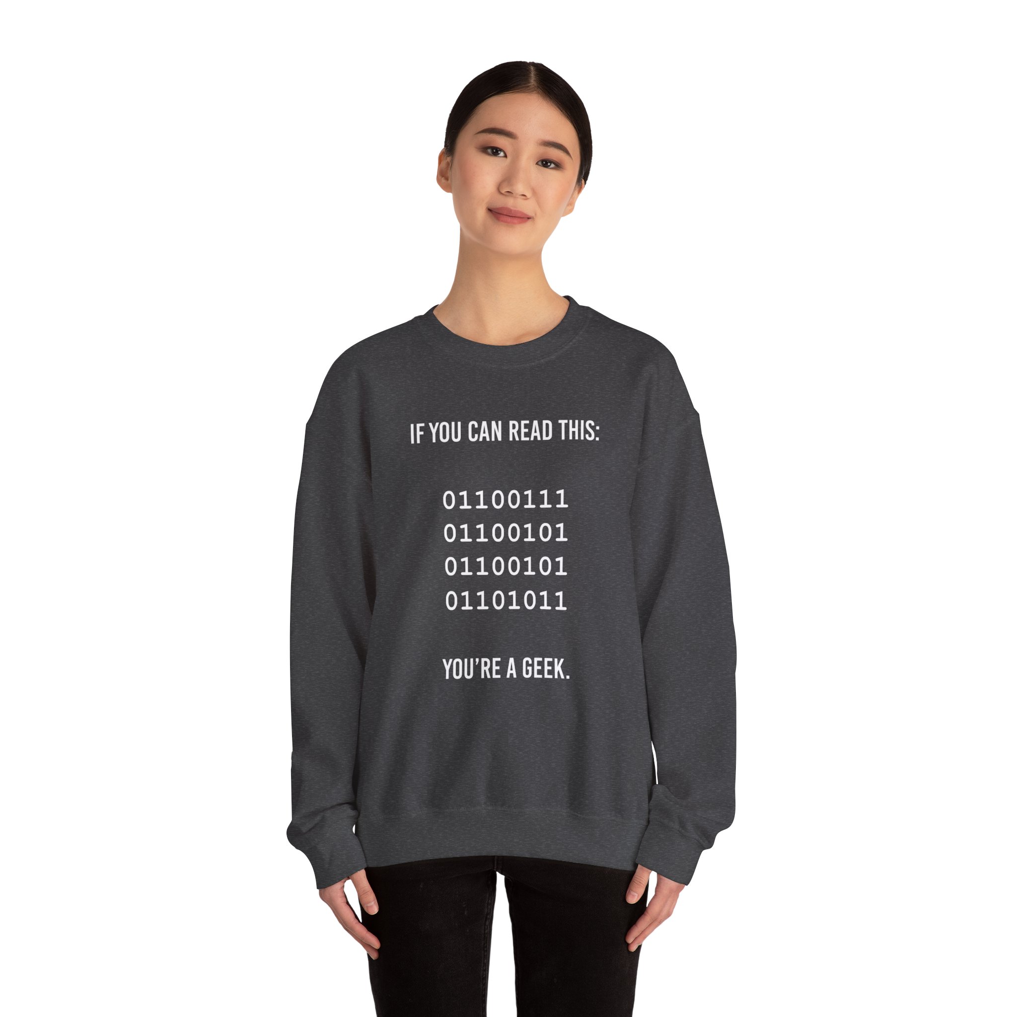 Geek Binary Code crewneck sweatshirt in Dark Heather, worn by a model
