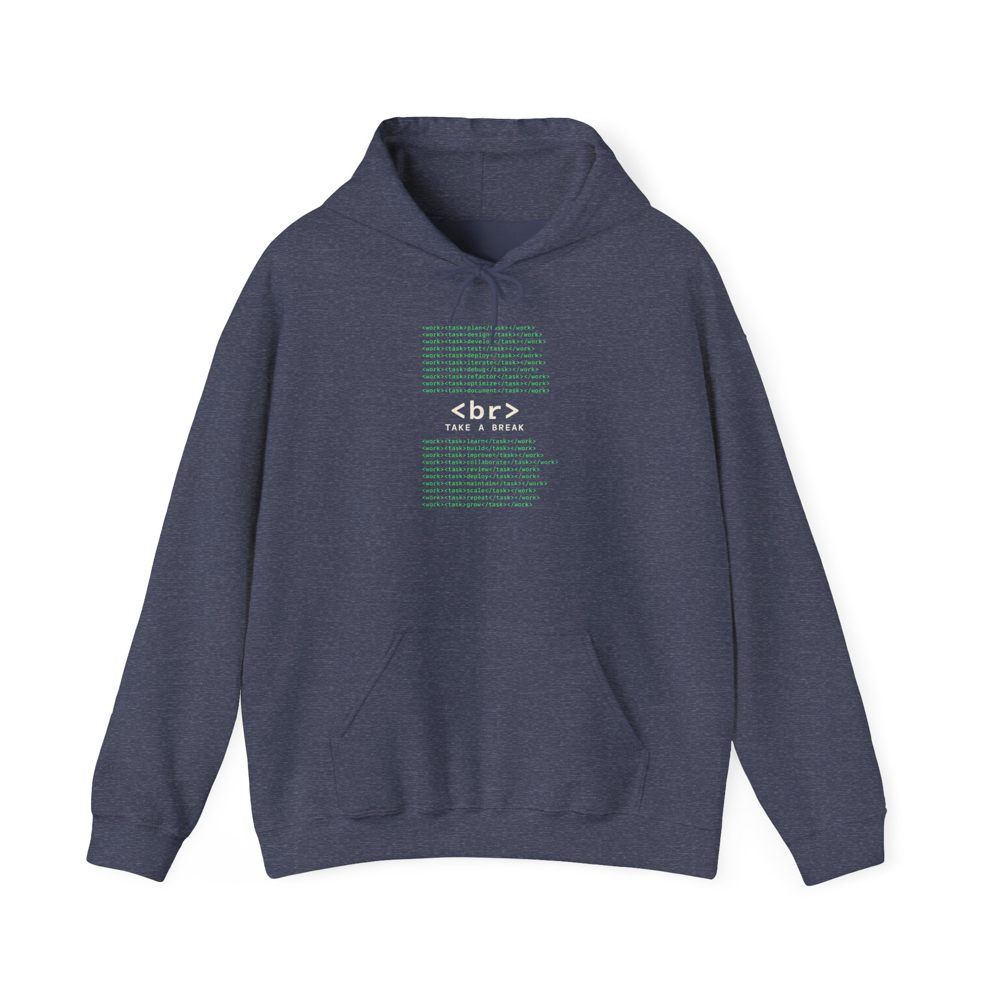 Work Work Break hoodie in Heather Sport Dark Navy, front view