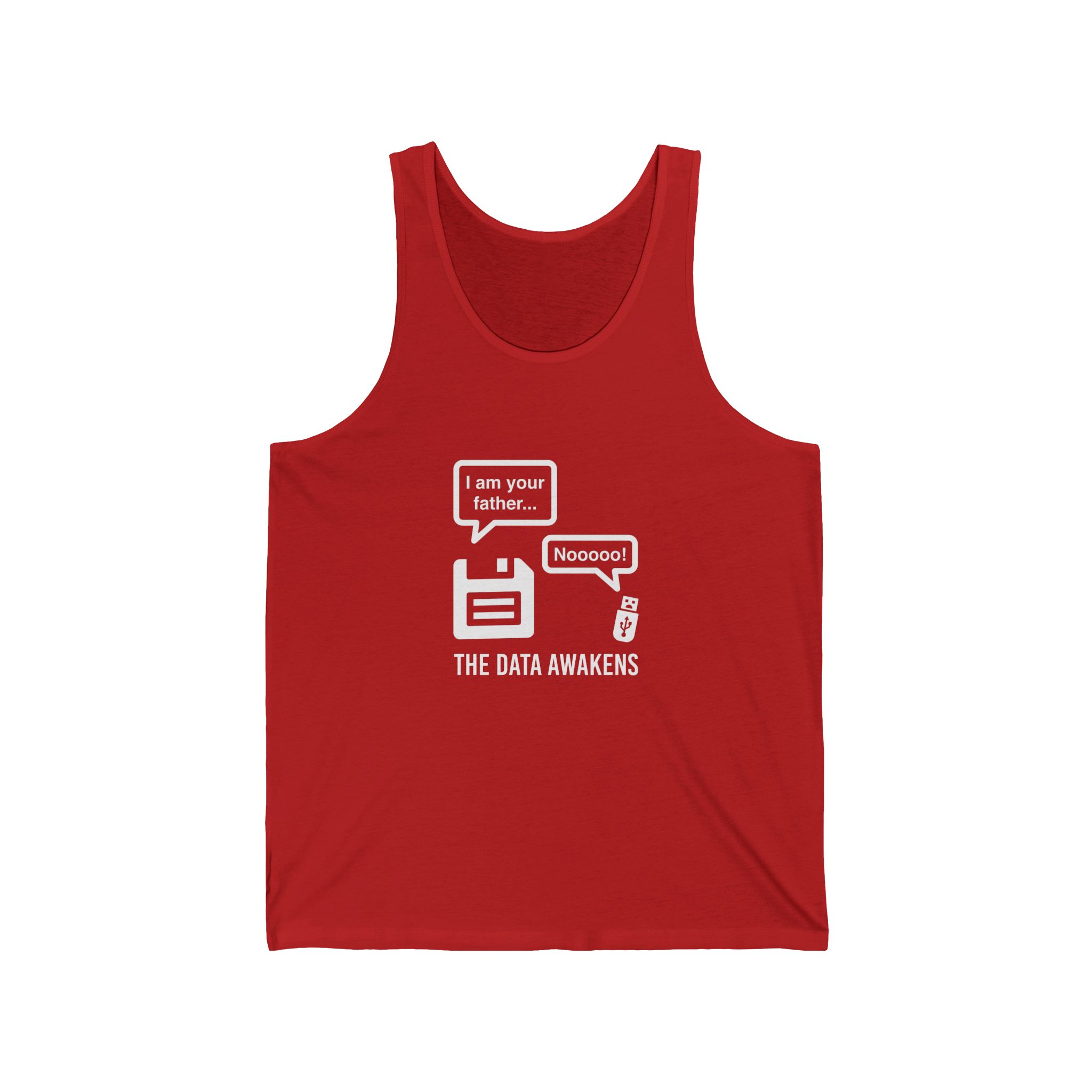 The Data Awakens unisex tank in Red, front view