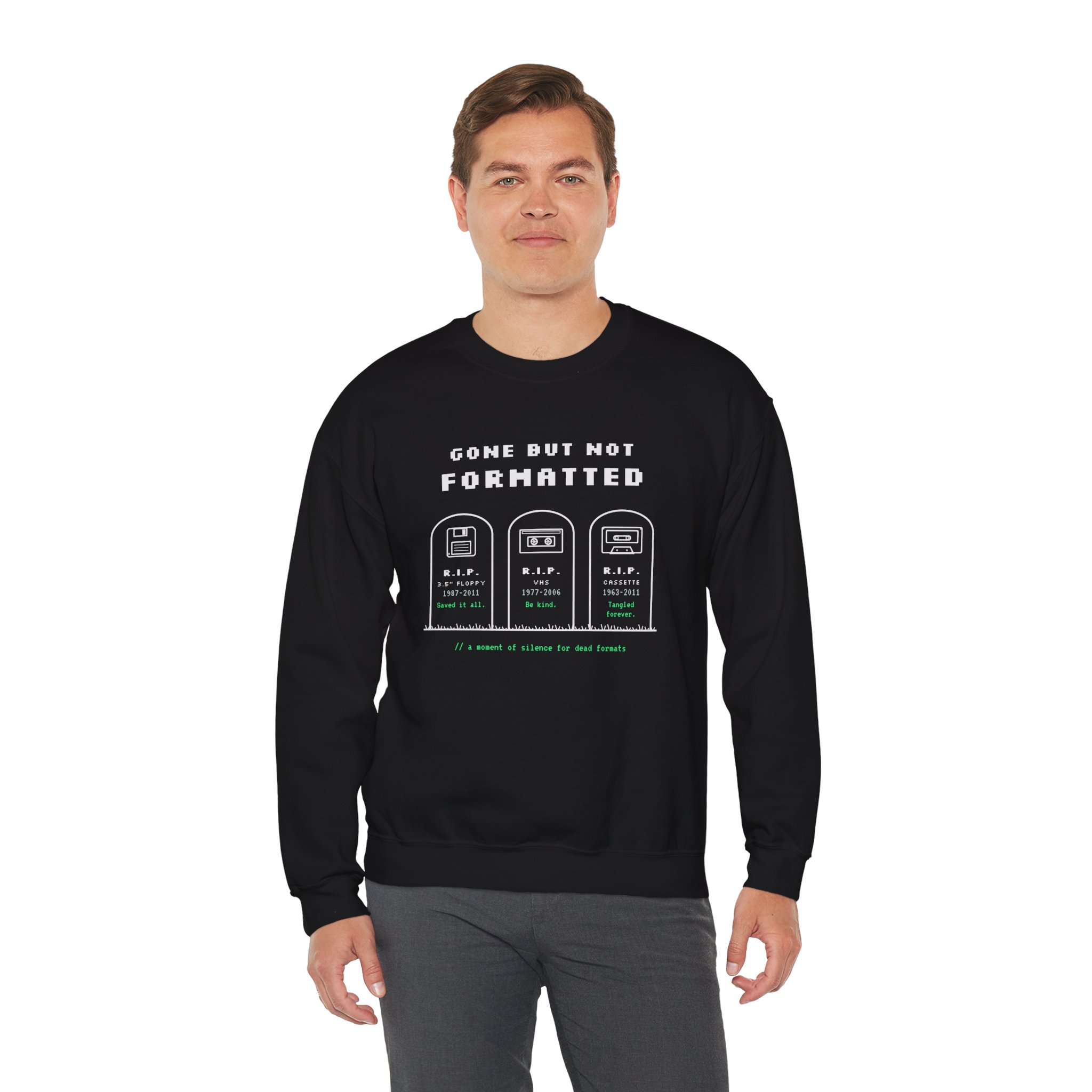 Gone But Not Formatted crewneck sweatshirt in Black, worn by a model, third view