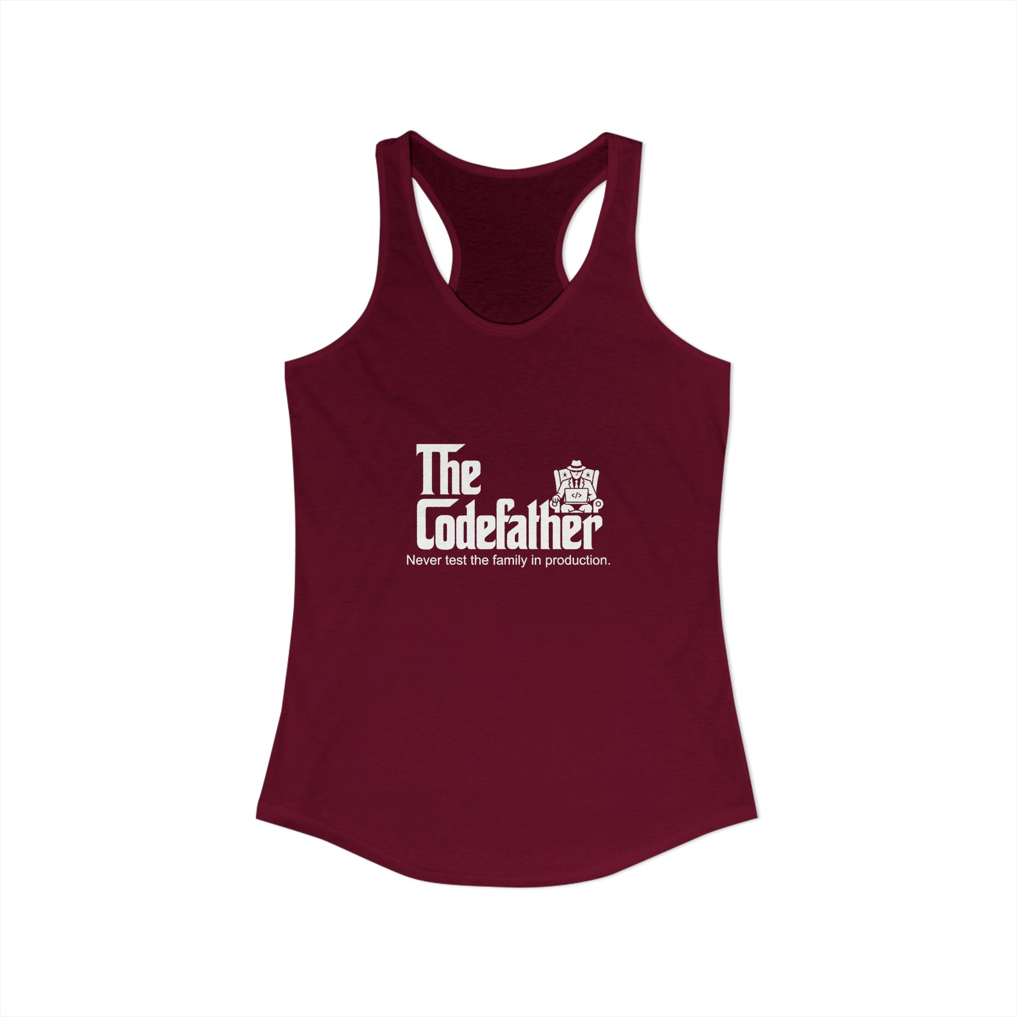 The Codefather women's racerback tank in Solid Cardinal Red, front view
