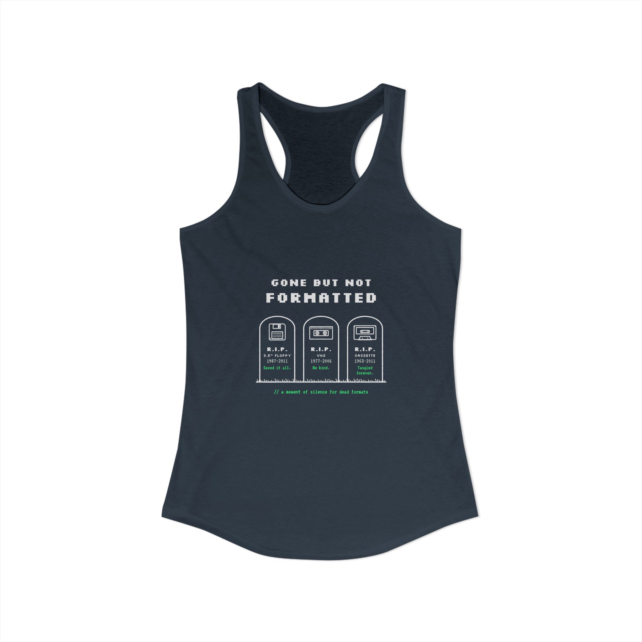 Gone But Not Formatted women's racerback tank in Solid Indigo, front view