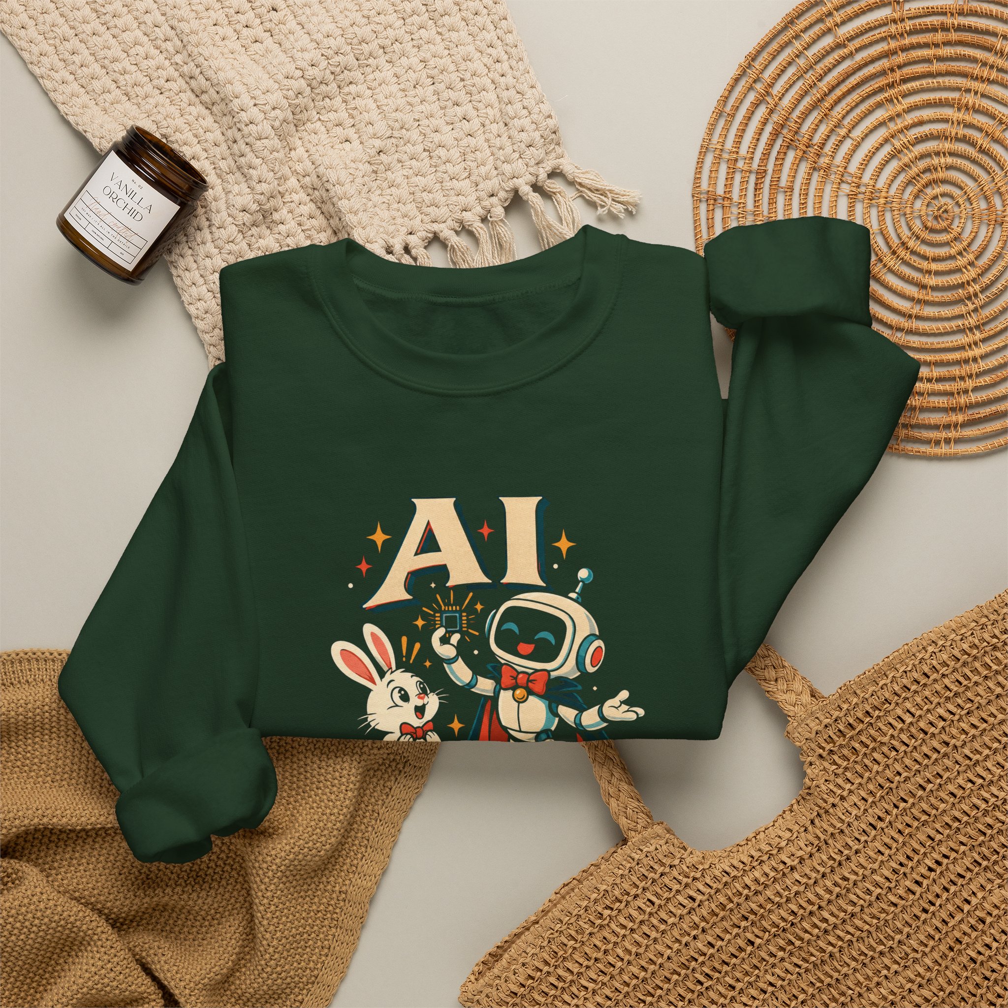 AI Magic Bunny crewneck sweatshirt in Forest Green, folded 2