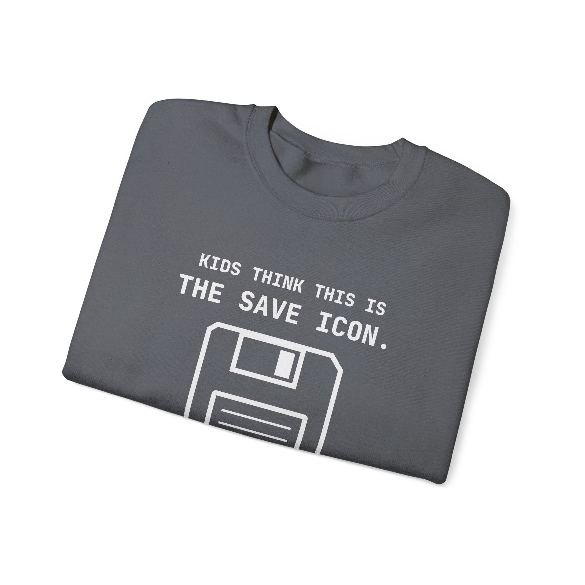 The Original Save Icon crewneck sweatshirt in Charcoal, folded