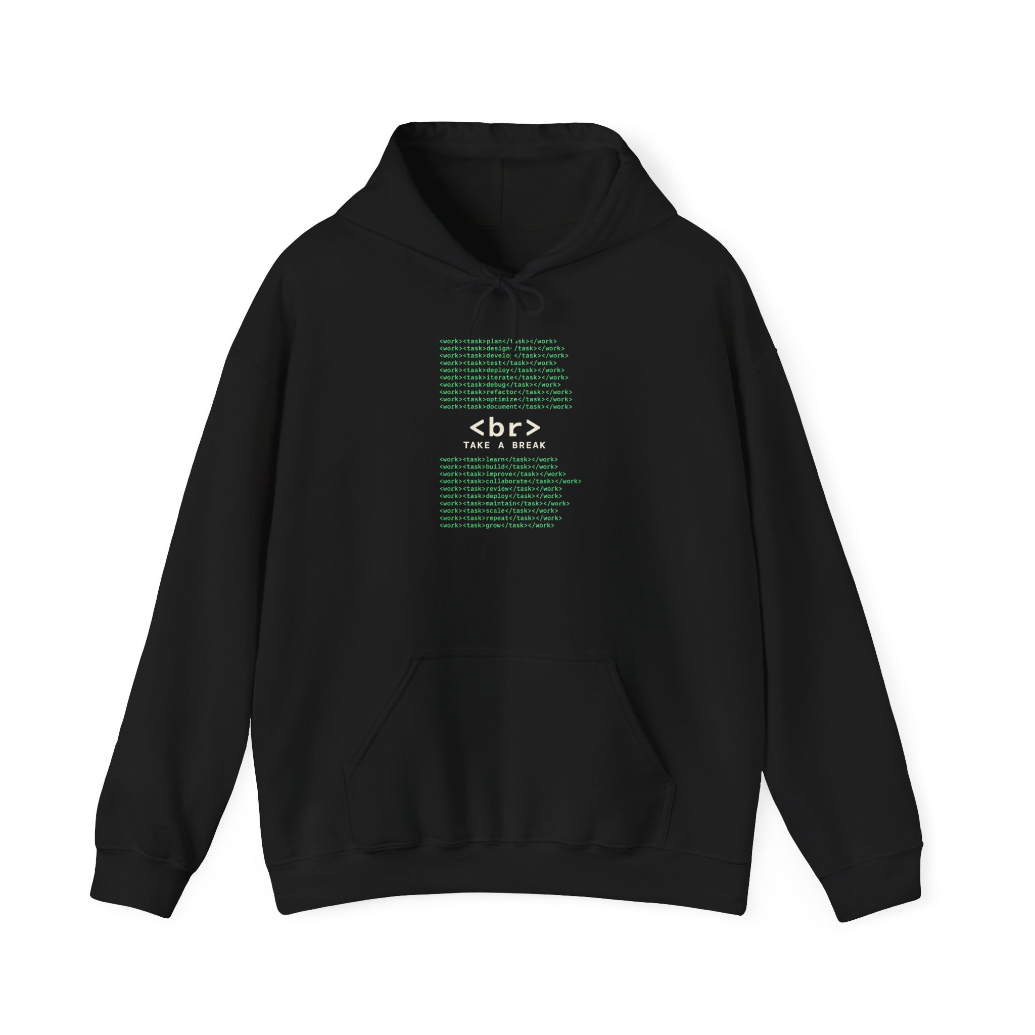 Work Work Break hoodie in Black, front view