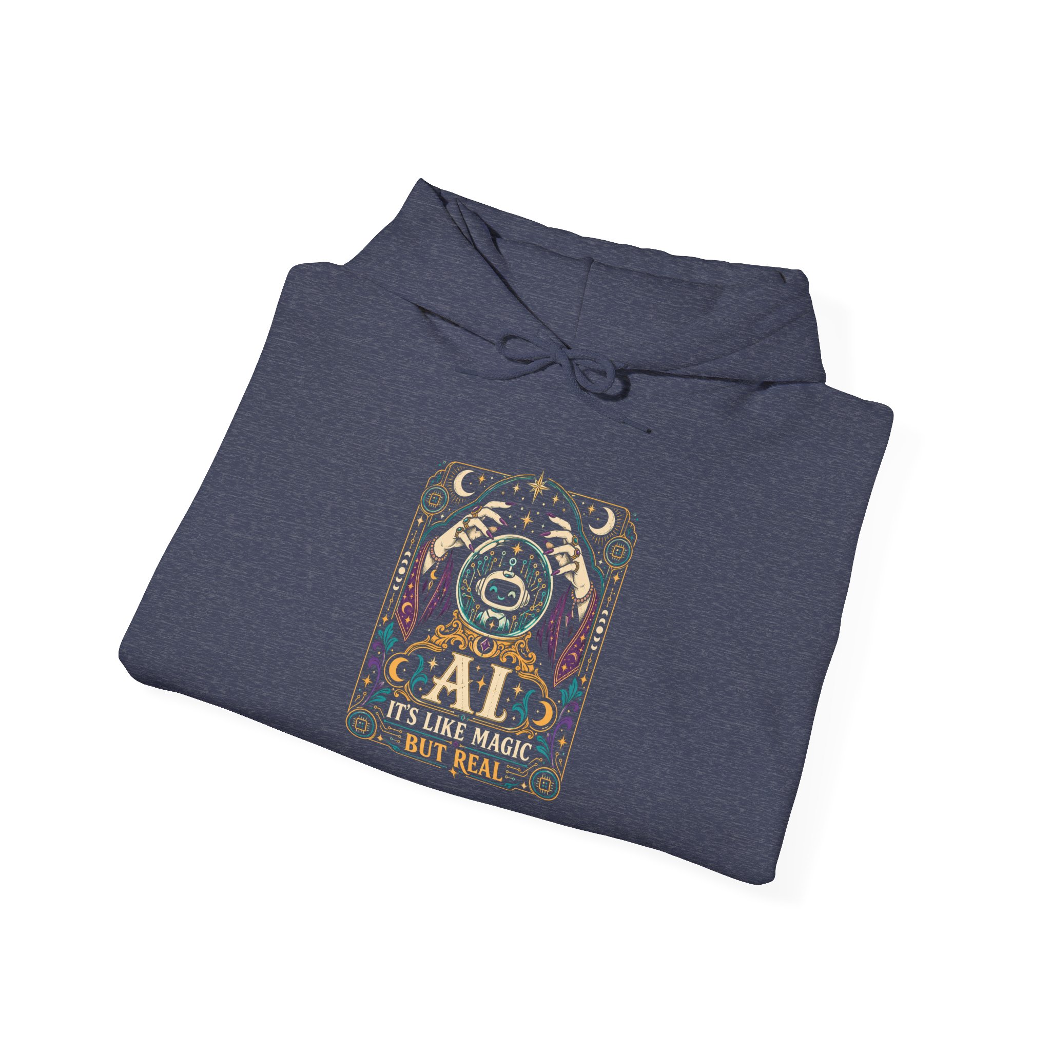 AI Magic Crystal Ball hoodie in Heather Sport Dark Navy, folded
