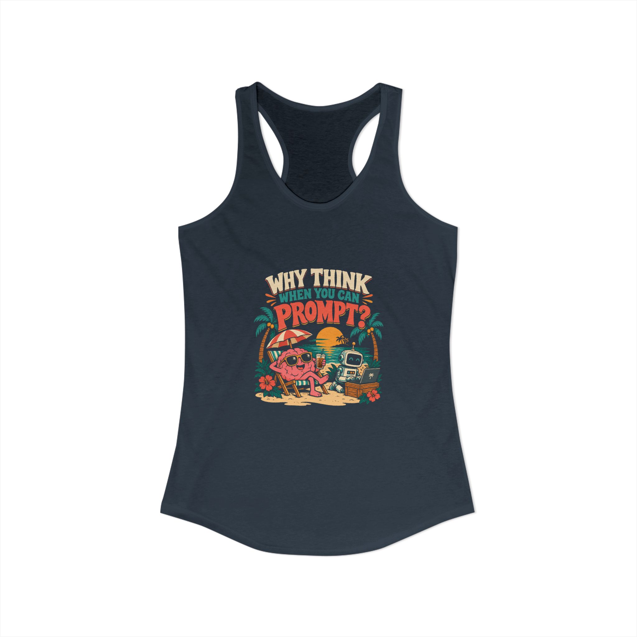Prompt Beach Brain women's racerback tank in Solid Indigo, front view