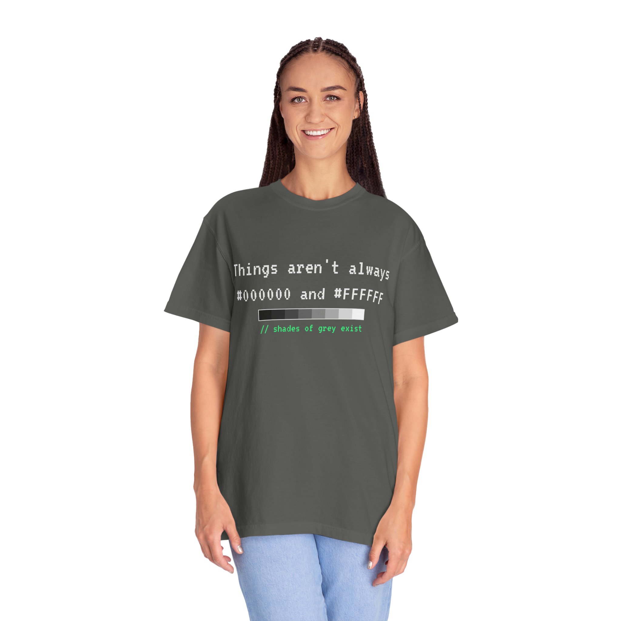 Shades of Grey Exist T-shirt in Pepper, worn by a woman