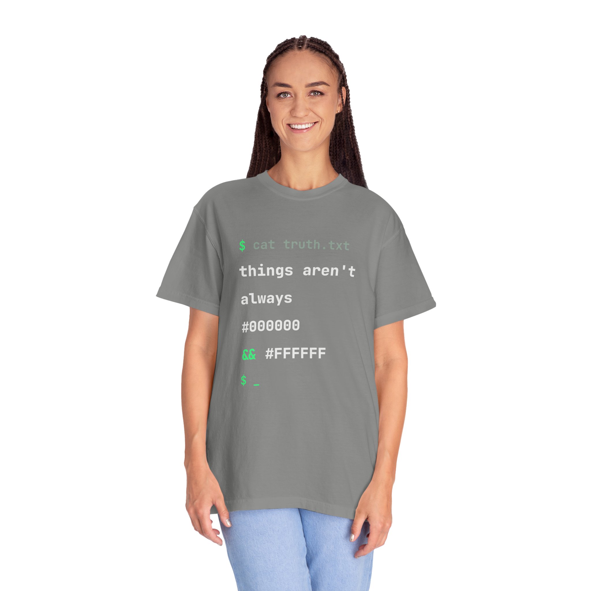 cat truth.txt T-shirt in Granite, worn by a woman