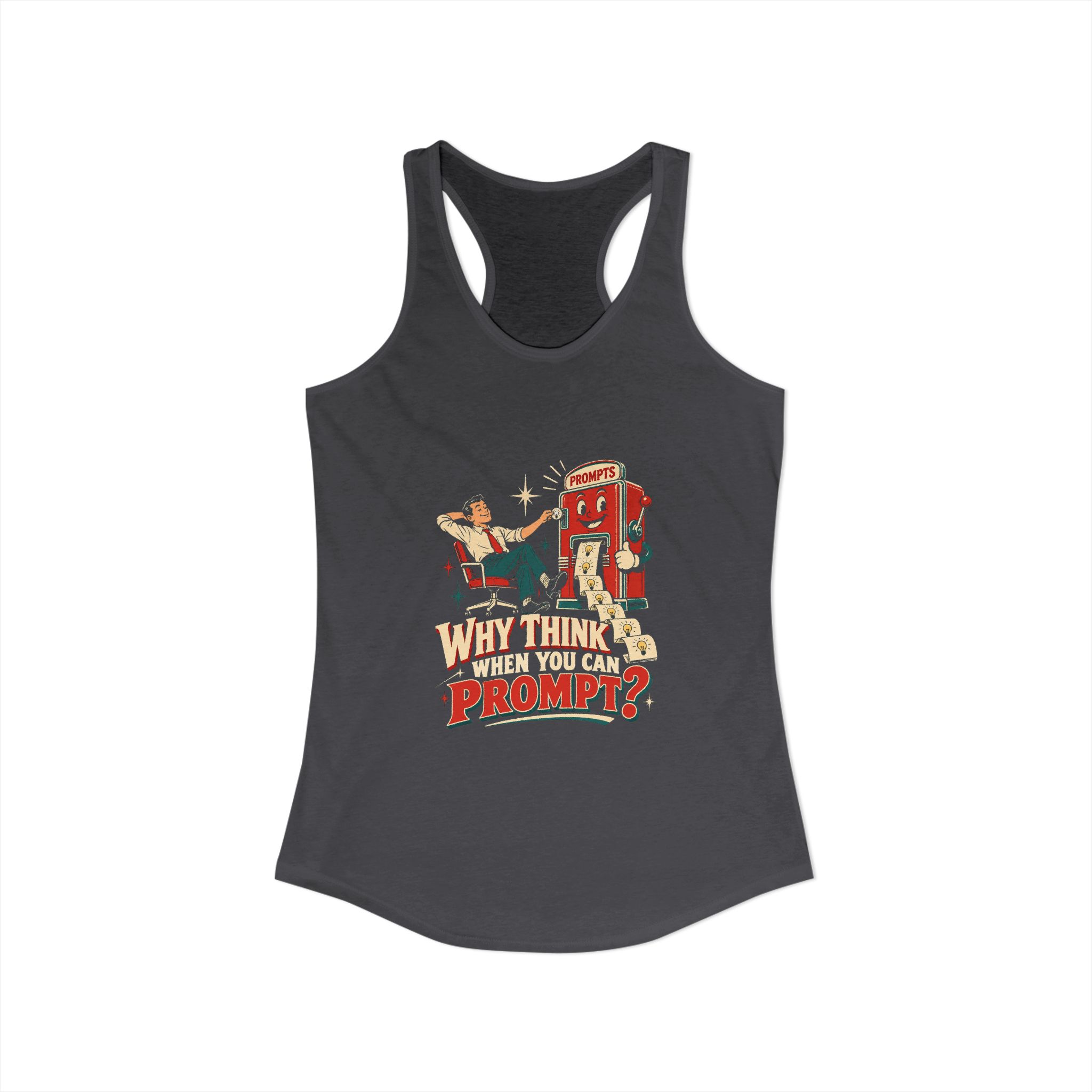 Prompt Machine women's racerback tank in Solid Dark Gray, front view