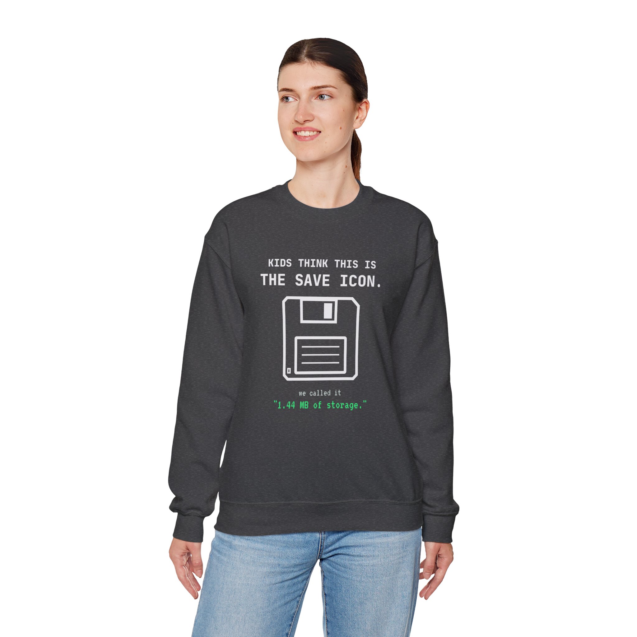The Original Save Icon crewneck sweatshirt in Dark Heather, worn by a model, fourth view
