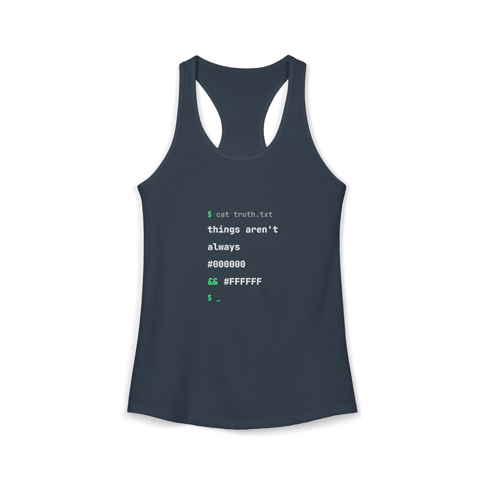 cat truth.txt women's racerback tank in Solid Indigo, front 2