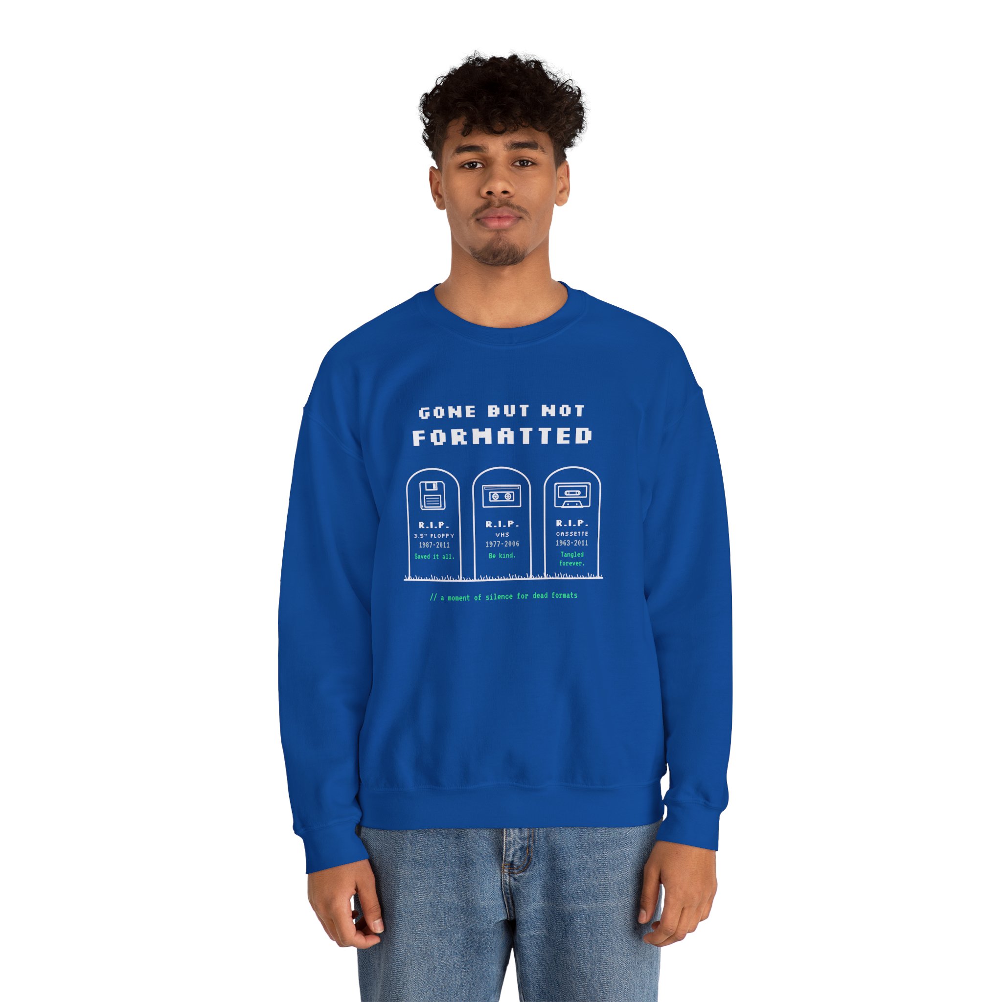 Gone But Not Formatted crewneck sweatshirt in Royal, worn by a model, second view