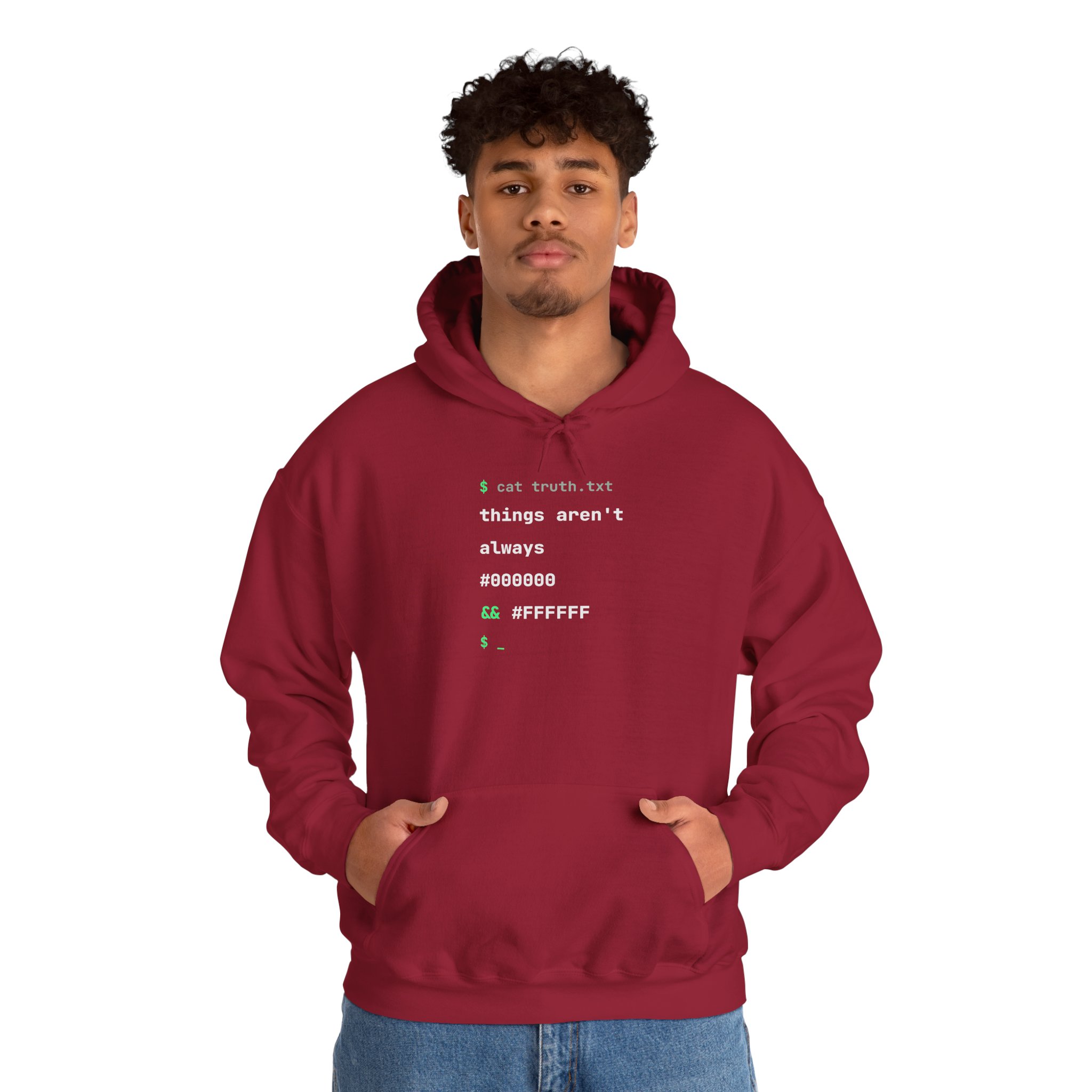 cat truth.txt hoodie in Cardinal Red, worn by a model, second view